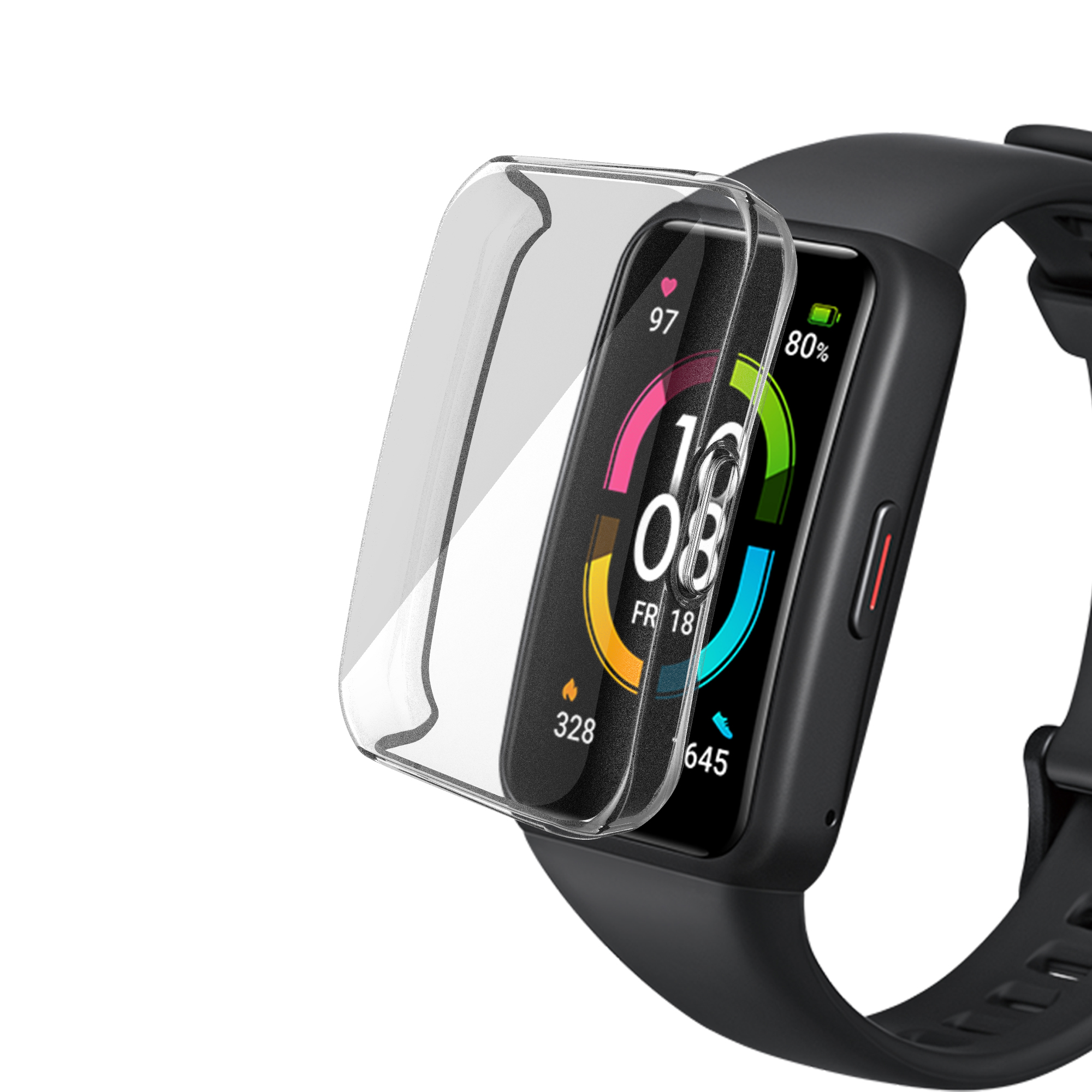 Eine Smartwatch mit klarem Displayschutz, Daten anzeigend, an einem schwarzen Armband.