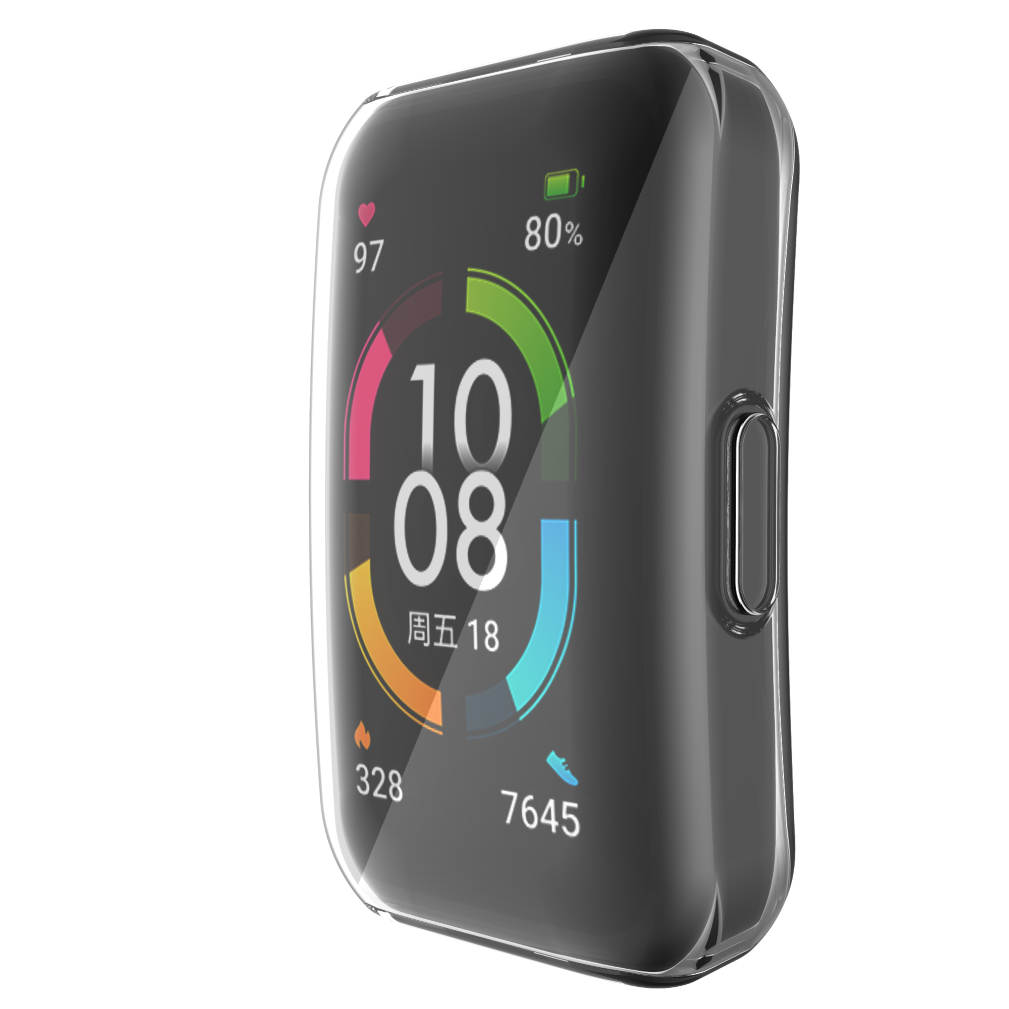 Eine Smartwatch mit transparentem Gehäuse. Der Bildschirm zeigt Zeit, Herzfrequenz und andere Daten. Die Uhr steht vor weißem Hintergrund.