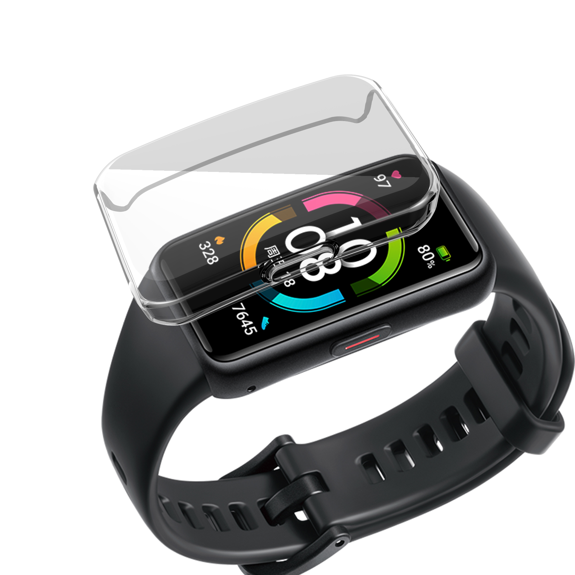 Schwarze Smartwatch mit klarem Displayschutz, zeigt den Bildschirm und das Armband.