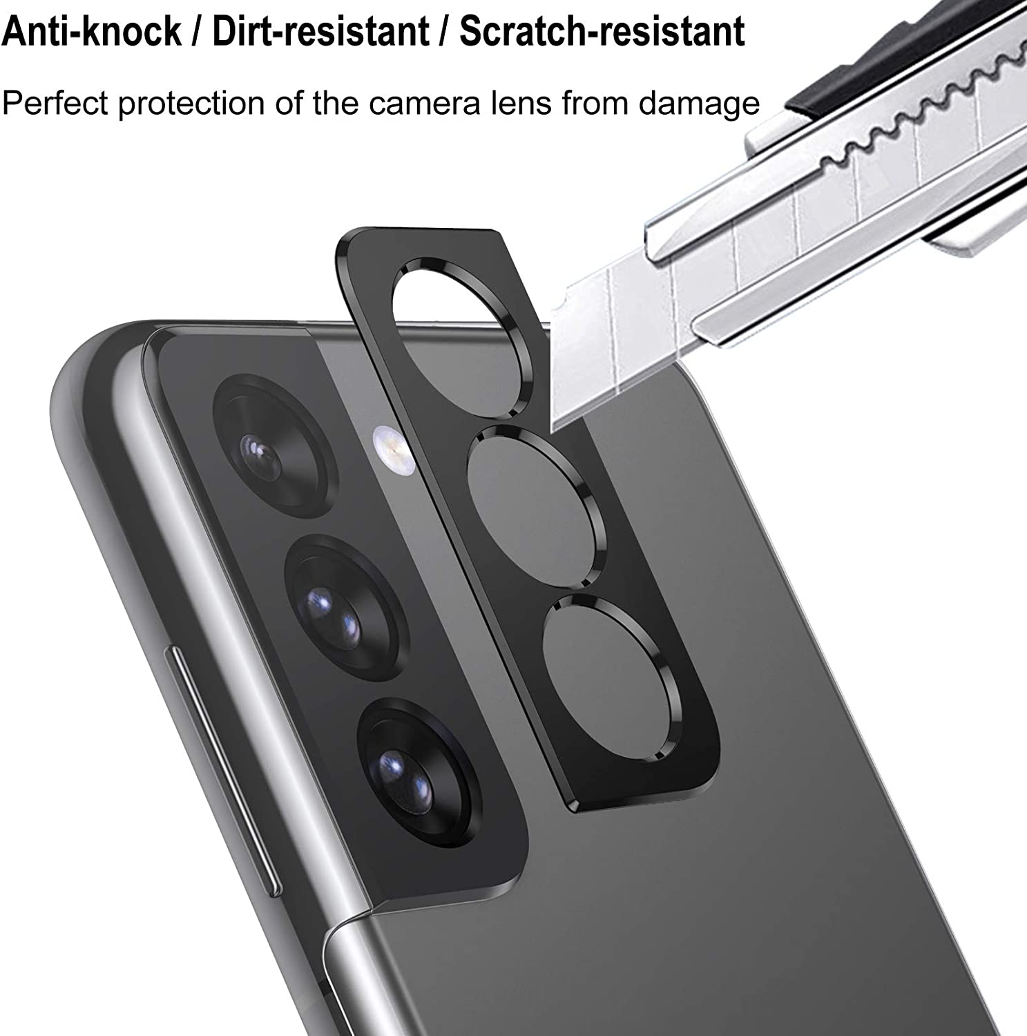Ein Werkzeug schneidet einen Kameraschutz und eine Telefonkamera mit Linsenausschnitten.