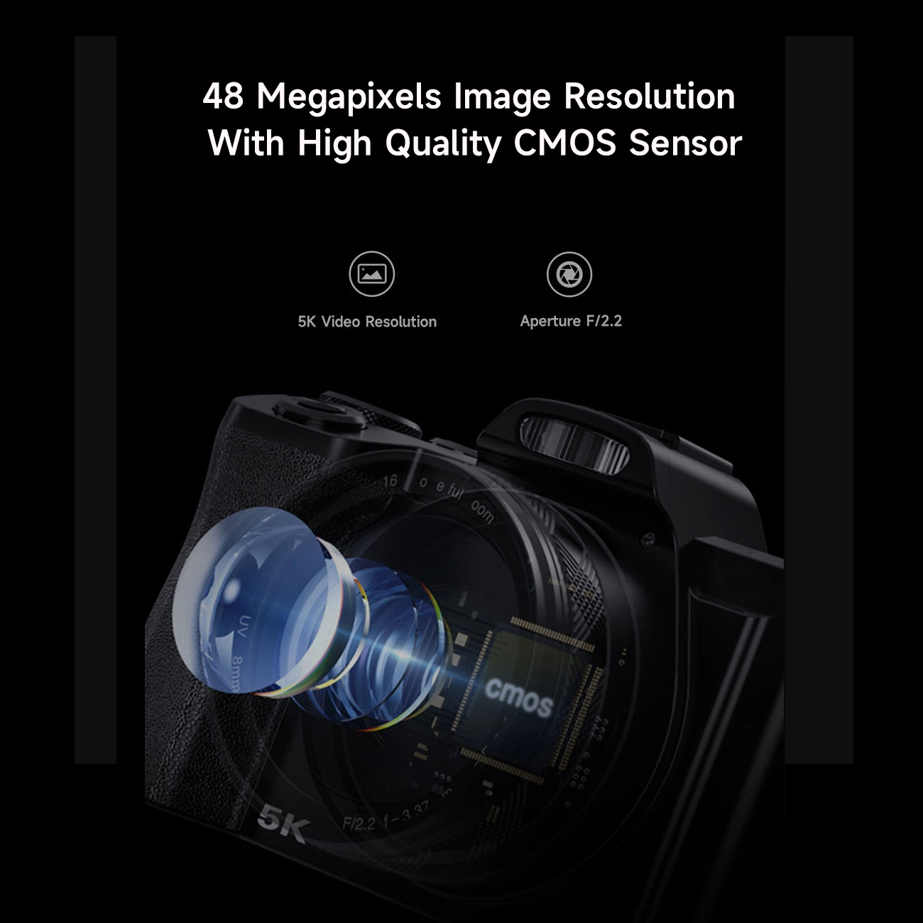 Obiektyw aparatu z tekstem: 48 Megapikseli, Rozdzielczość wideo 5K i Przysłona F/2.2. Ciemne tło.