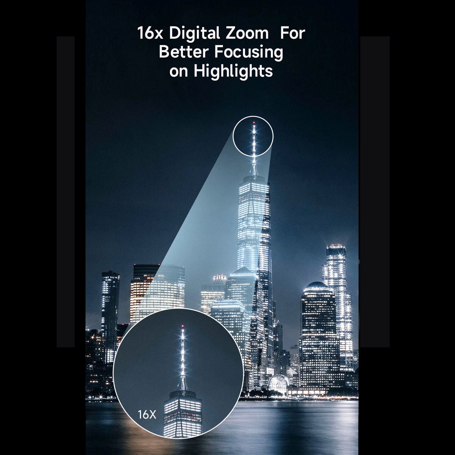 Miasto nocą, z powiększoną wieżą i tekstem o zoomie cyfrowym.