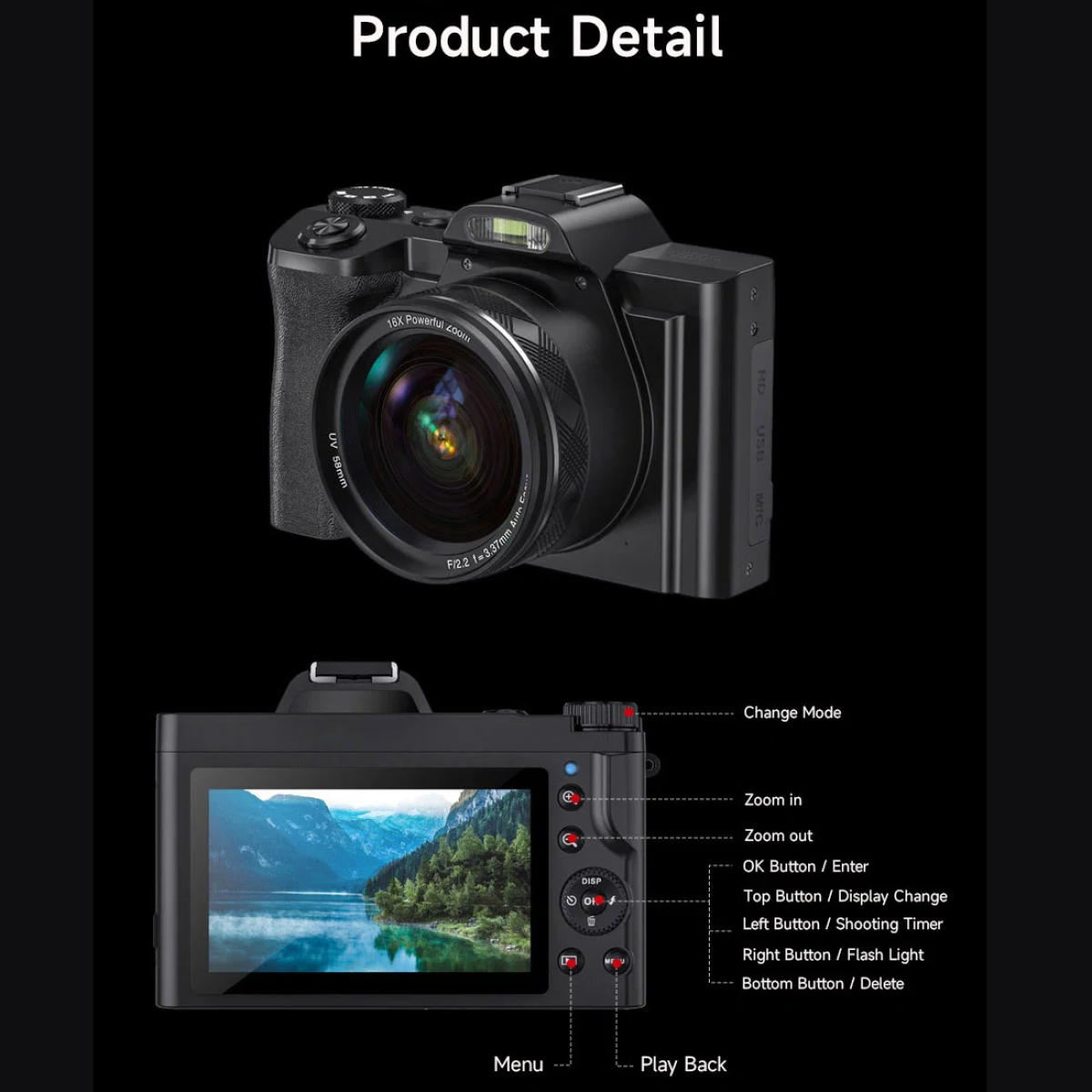 Czarny aparat z detalami produktu i widokiem od spodu z oznaczeniami przycisków.