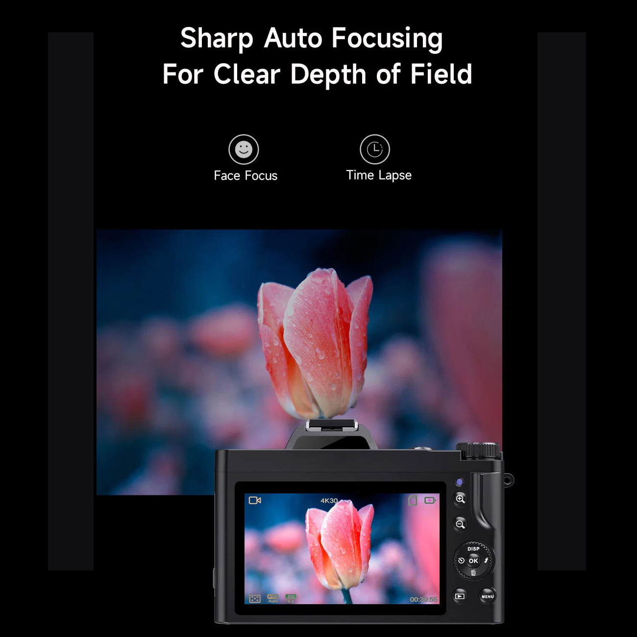 Aparat pokazuje tulipan w ostrości, czarny korpus aparatu poniżej, tekst na górze. Tło jest rozmyte.