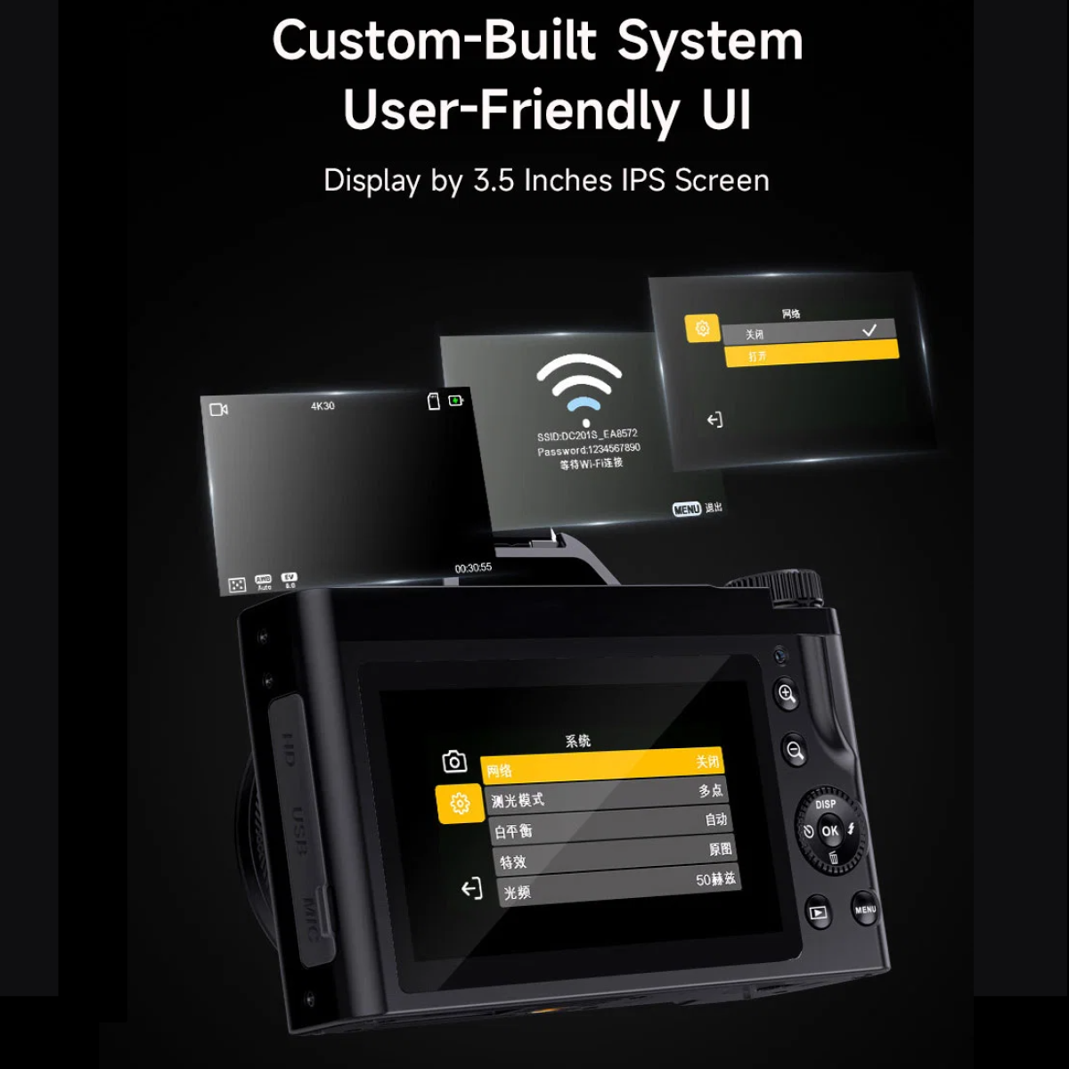 Czarny aparat cyfrowy z interfejsem użytkownika, pokazujący ustawienia i połączenie Wi-Fi.