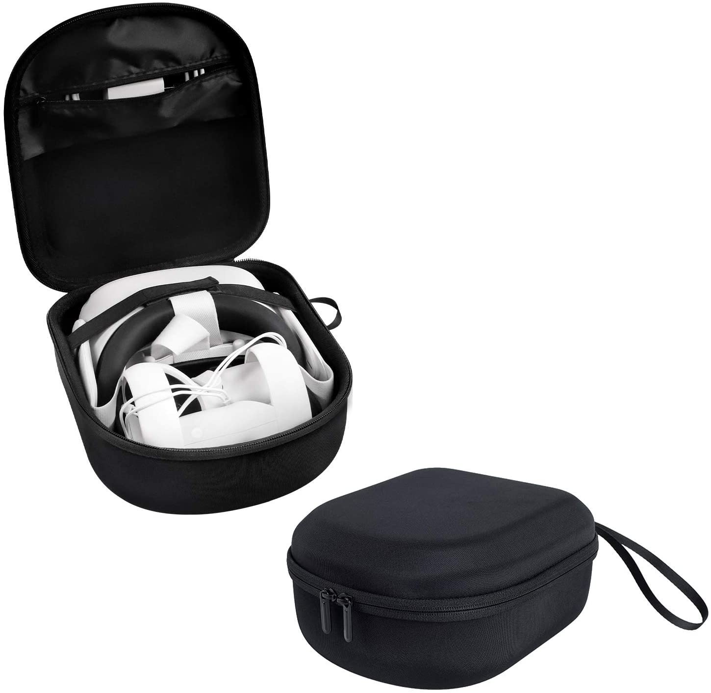 VR-headset in een zwarte draagtas en de gesloten tas ernaast. Zwart met een handvat.