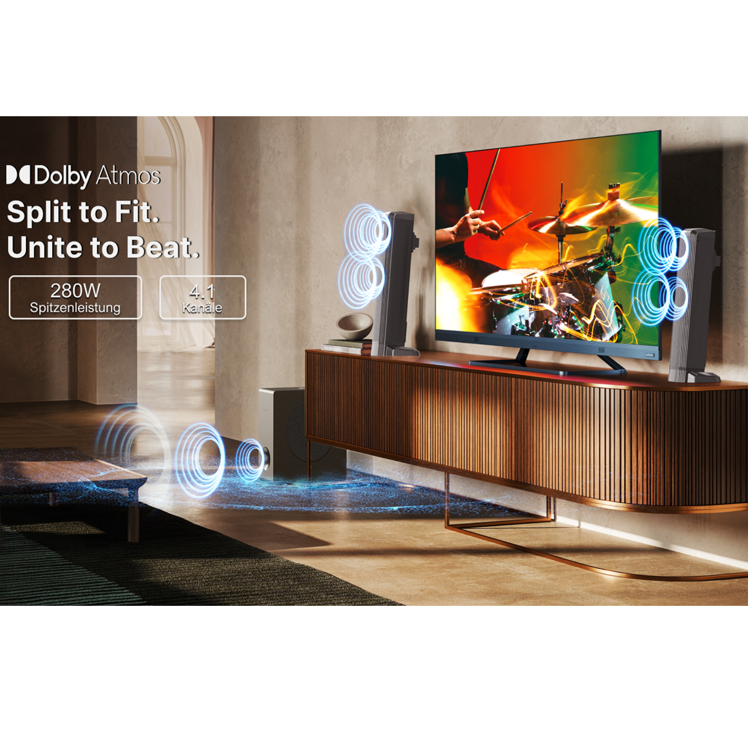 Wohnzimmer mit Lautsprechern und Fernseher. Schallwellen werden um Lautsprecher und Fernseher visualisiert.