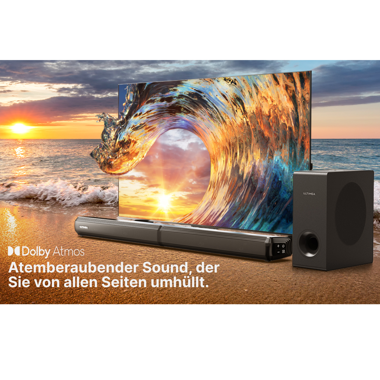 Soundbar- und Subwoofer-Setup am Strand, ein TV-Bildschirm mit einer abstrakten Welle.