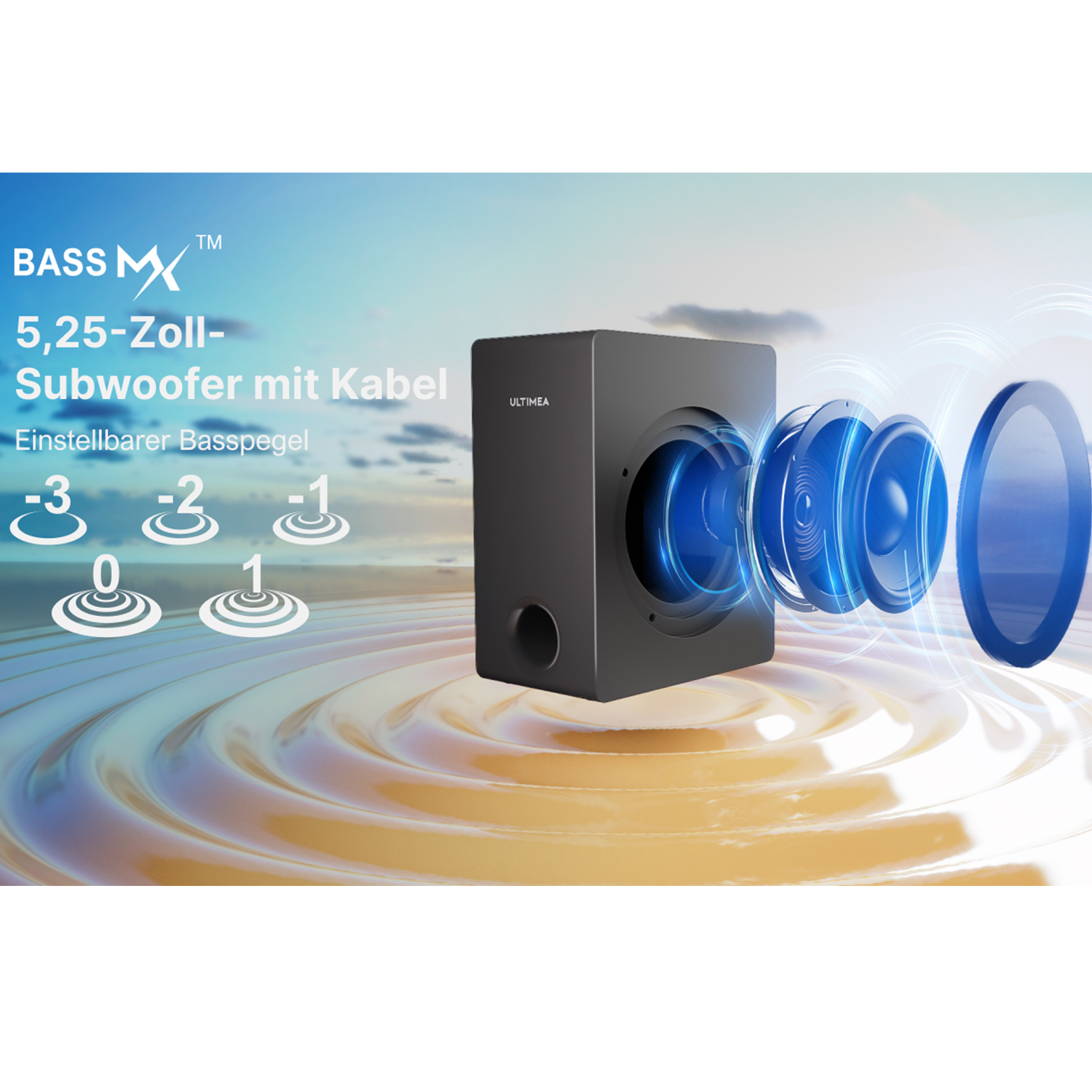 Schwarzer Subwoofer mit einstellbaren Basspegeln. Schallwellen gehen davon aus.