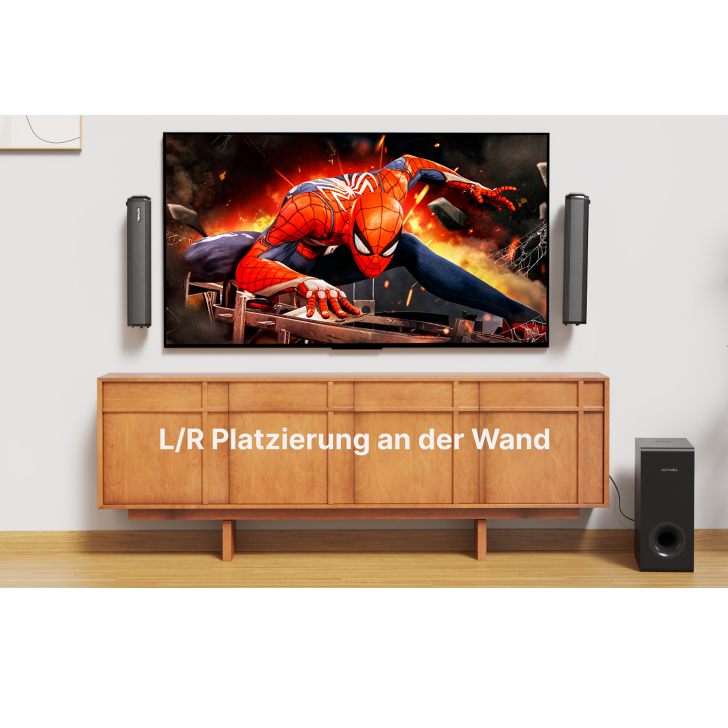 Ein großer Fernseher mit einem Spiderman-Bild und Lautsprechern auf einem Holzschrank.