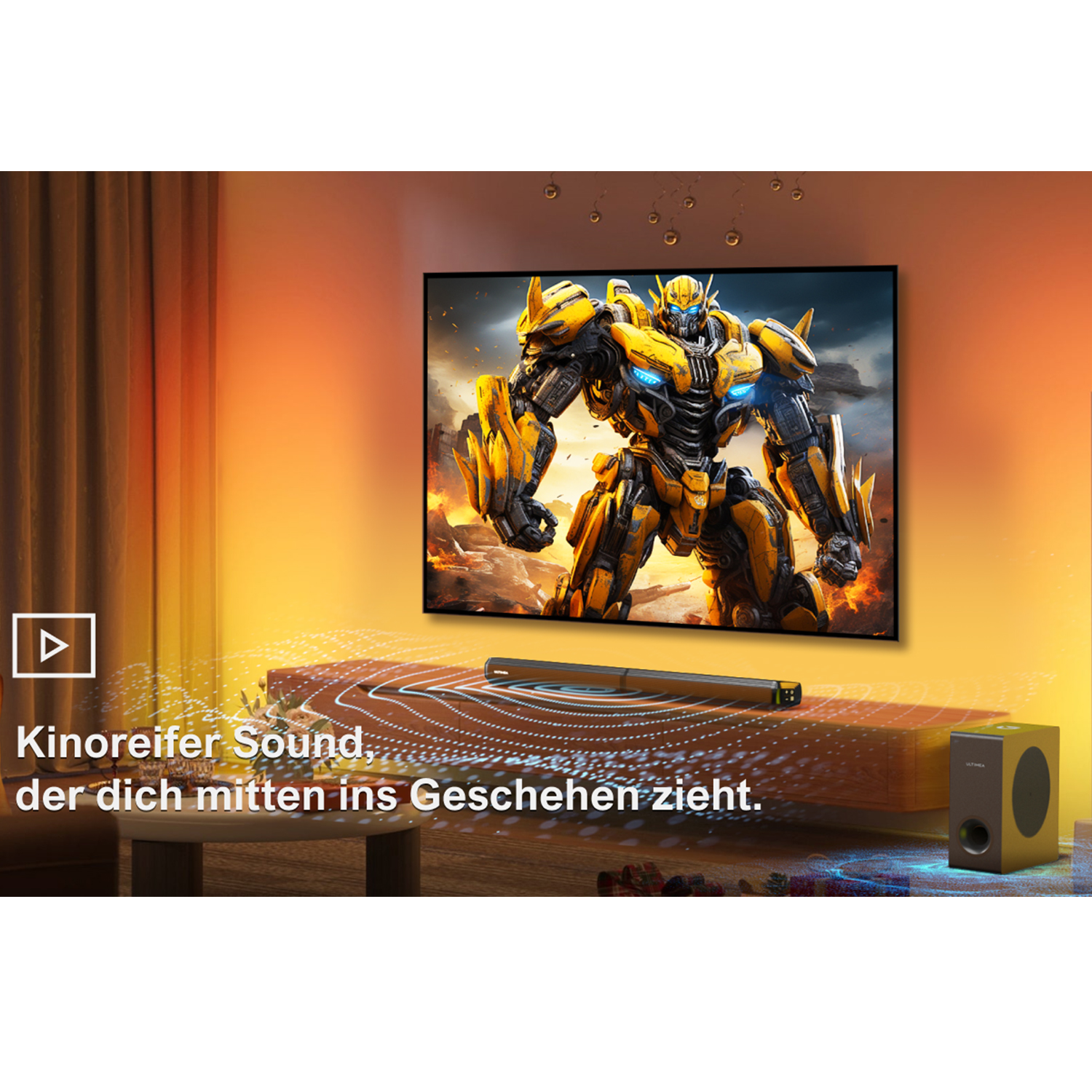 Wohnzimmer mit Fernseher und Soundsystem. Ein Roboter ist auf dem Bildschirm.