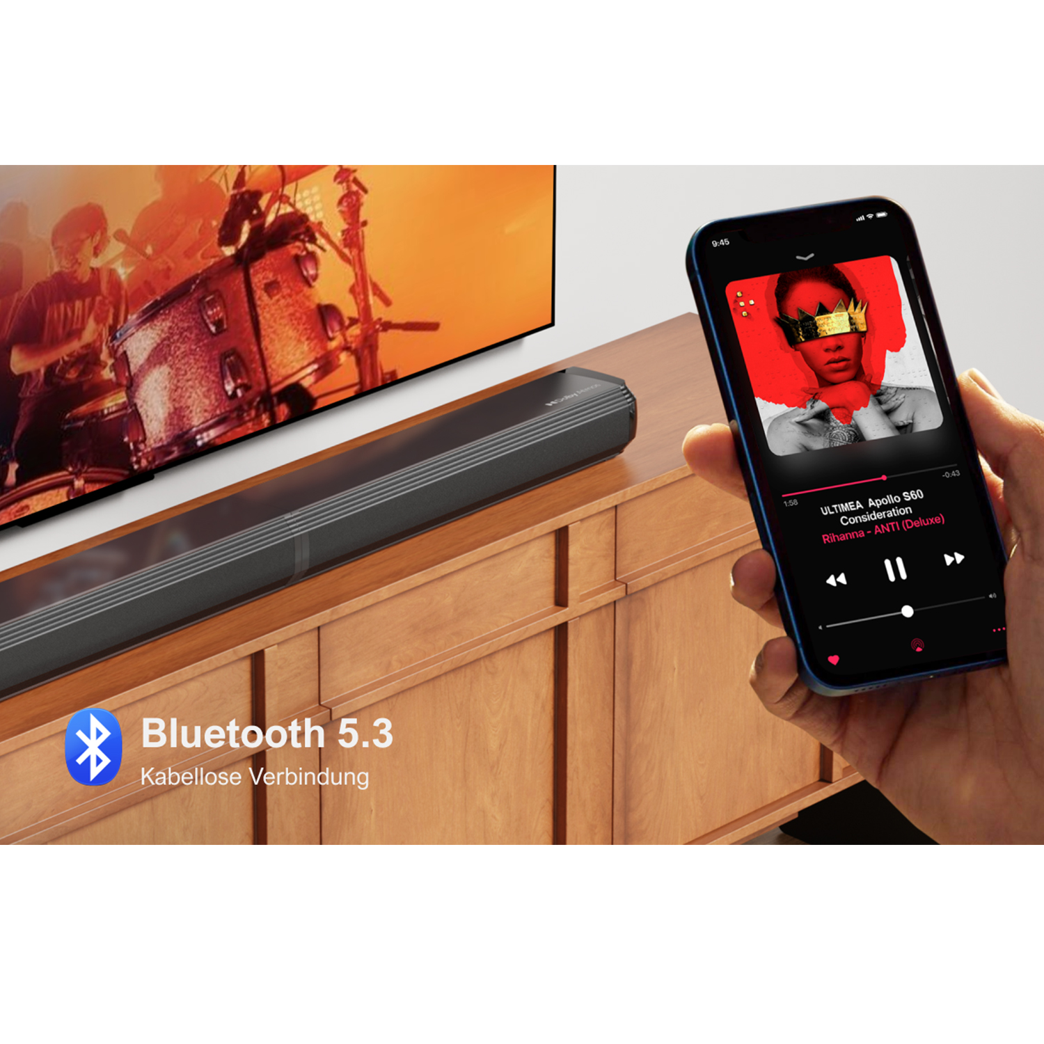 Soundbar, Fernseher und Telefon mit Musik-App.