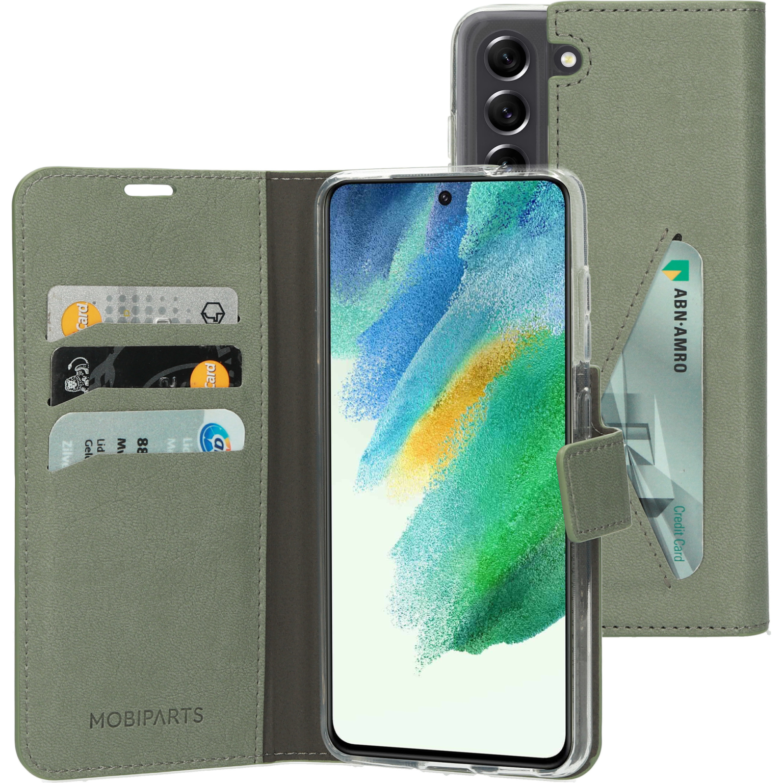 A green phone case with a phone inside. ABN-AMRO credit card in slot. Cards and a phone case are visible.