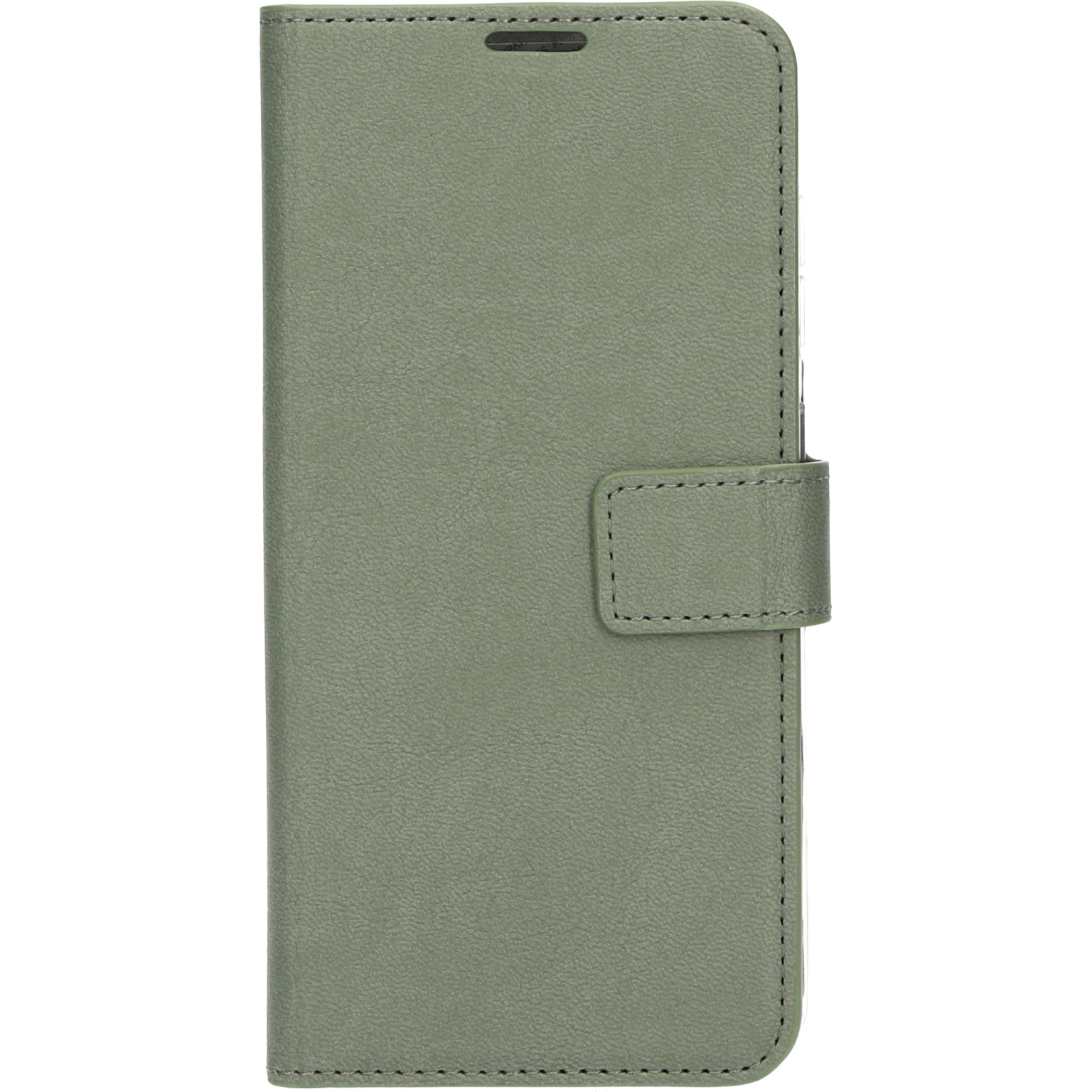 A sage green phone case with a magnetic closure and a button closure, closed.