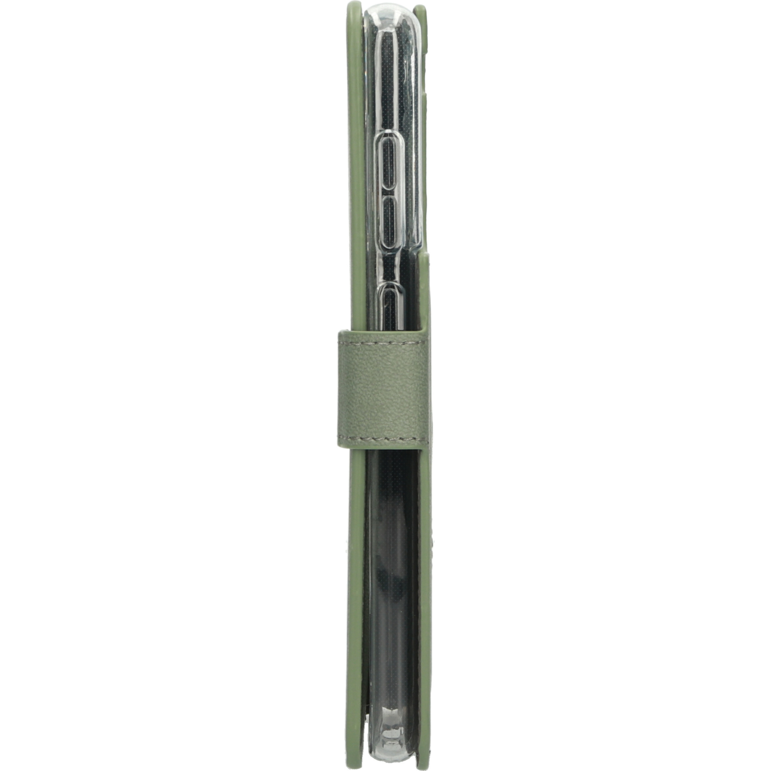 A green phone case is shown from the side, with the phone inside and a closing flap.