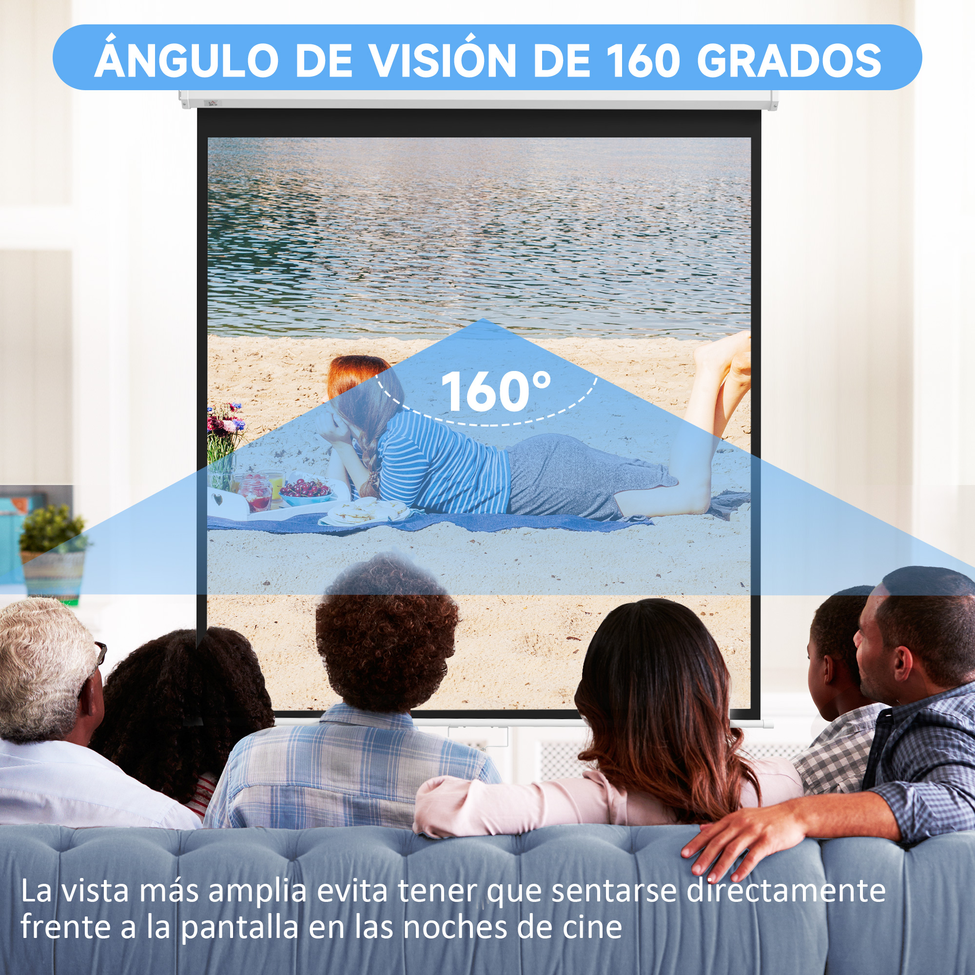 Pantalla de proyección muestra una escena de playa. Gente mira desde un sofá, con ángulo de visión de 160°.