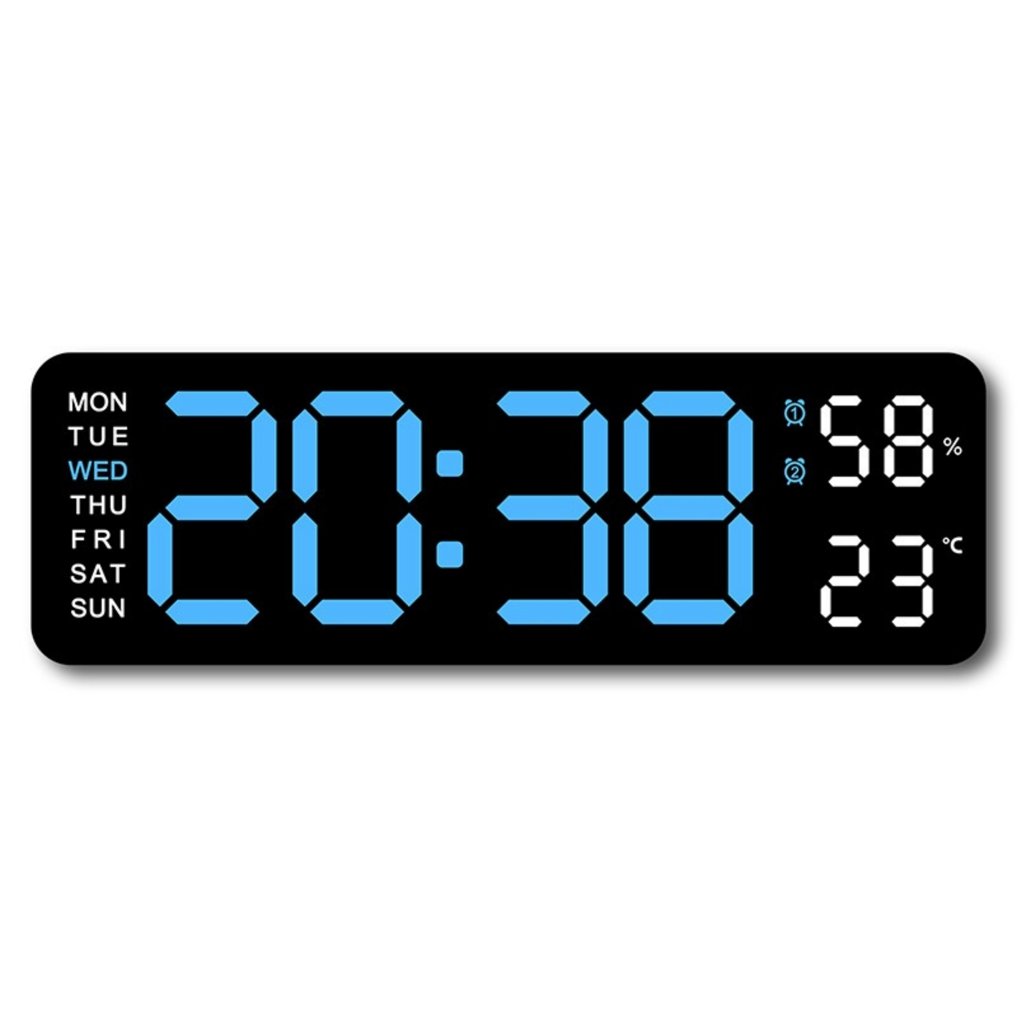 Eine Digitaluhr, die Datum und Uhrzeit anzeigt.