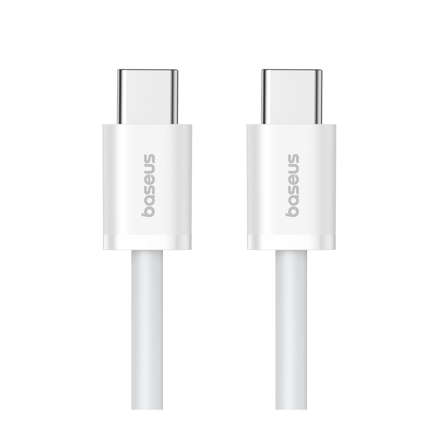 Dwa białe kable USB-C. Białe tło z logo baseus.