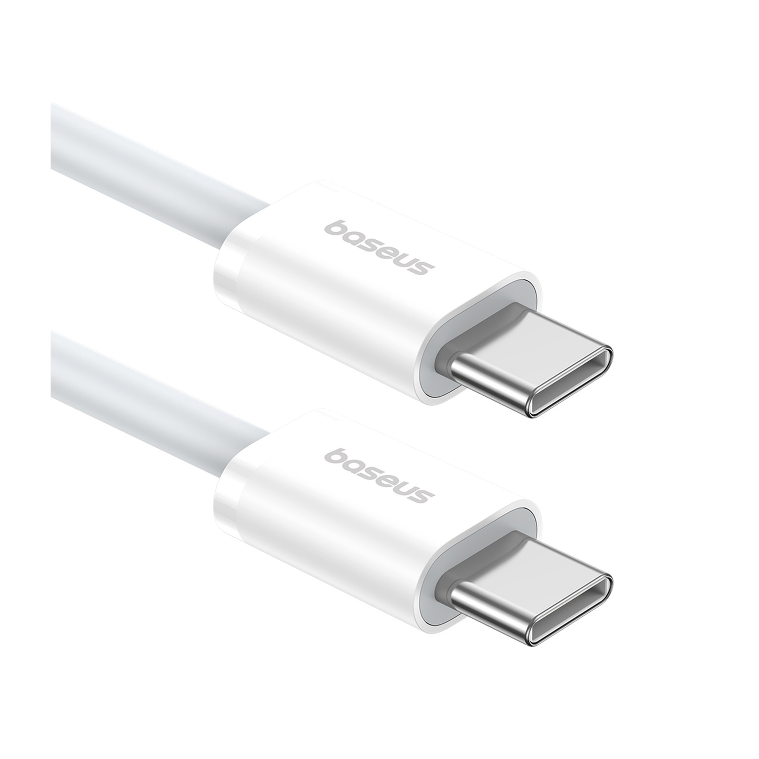 Dwa kable USB-C, białe z nadrukiem 'baseus'.
