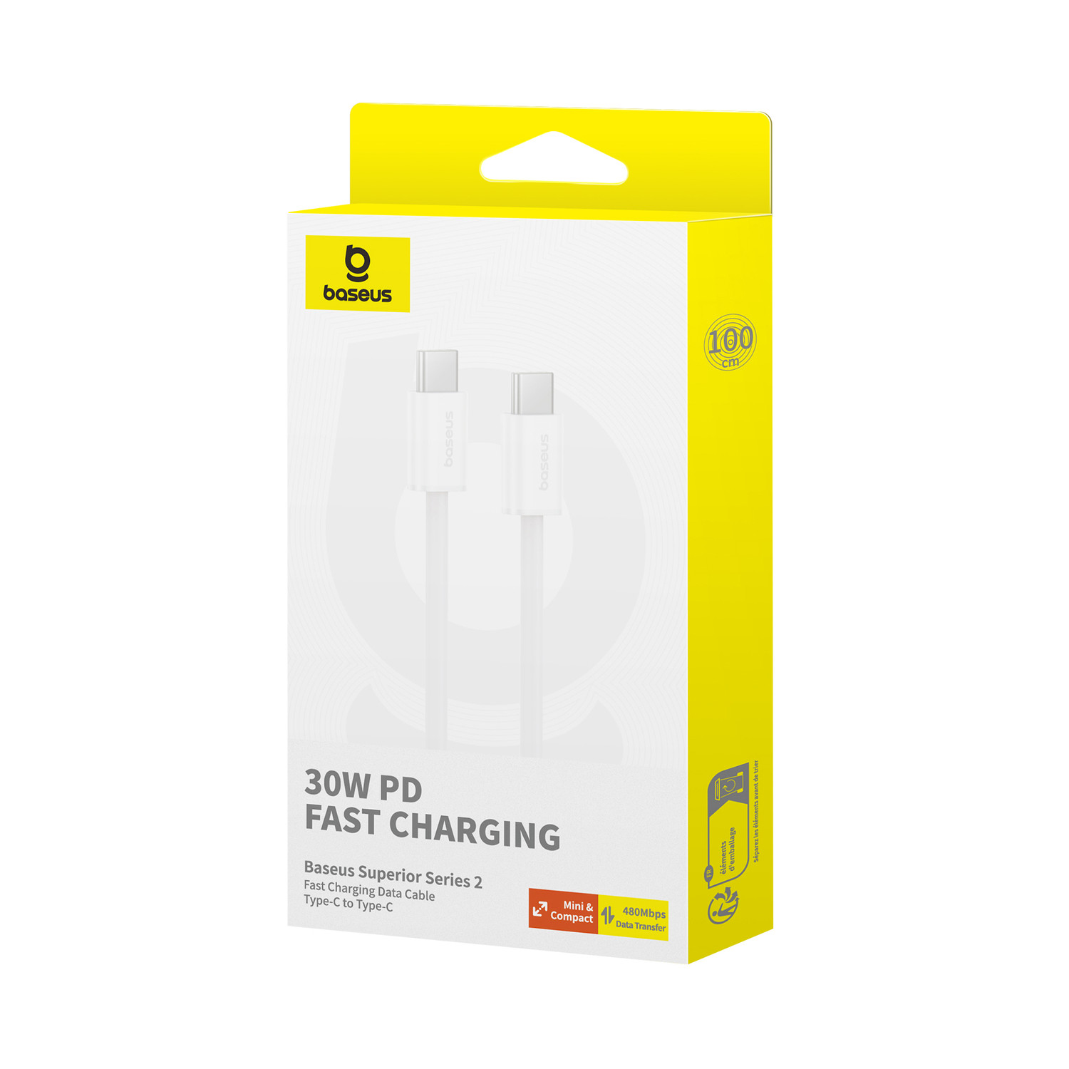 Pudełko z kablem USB-C, białym kablem i żółtym pudełkiem.