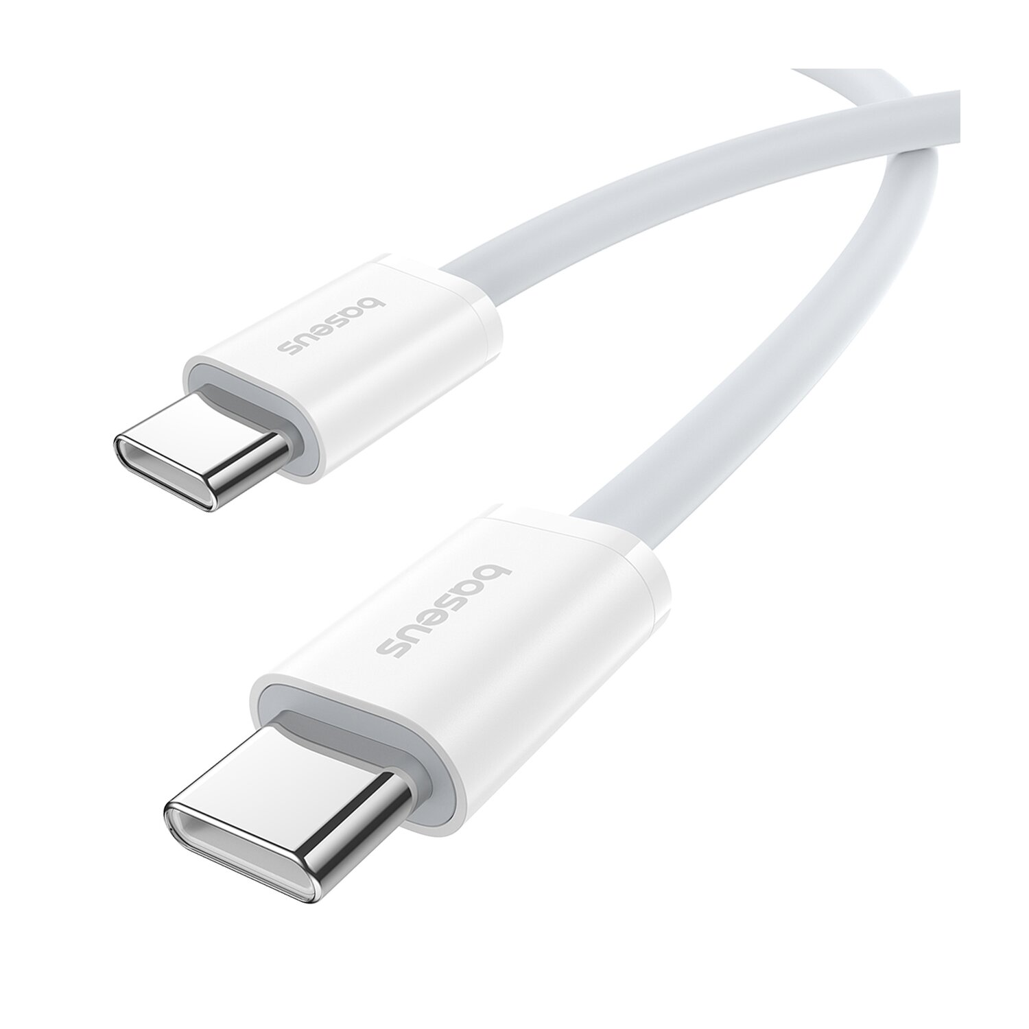 White USB-C cable with white connectors on a white background.