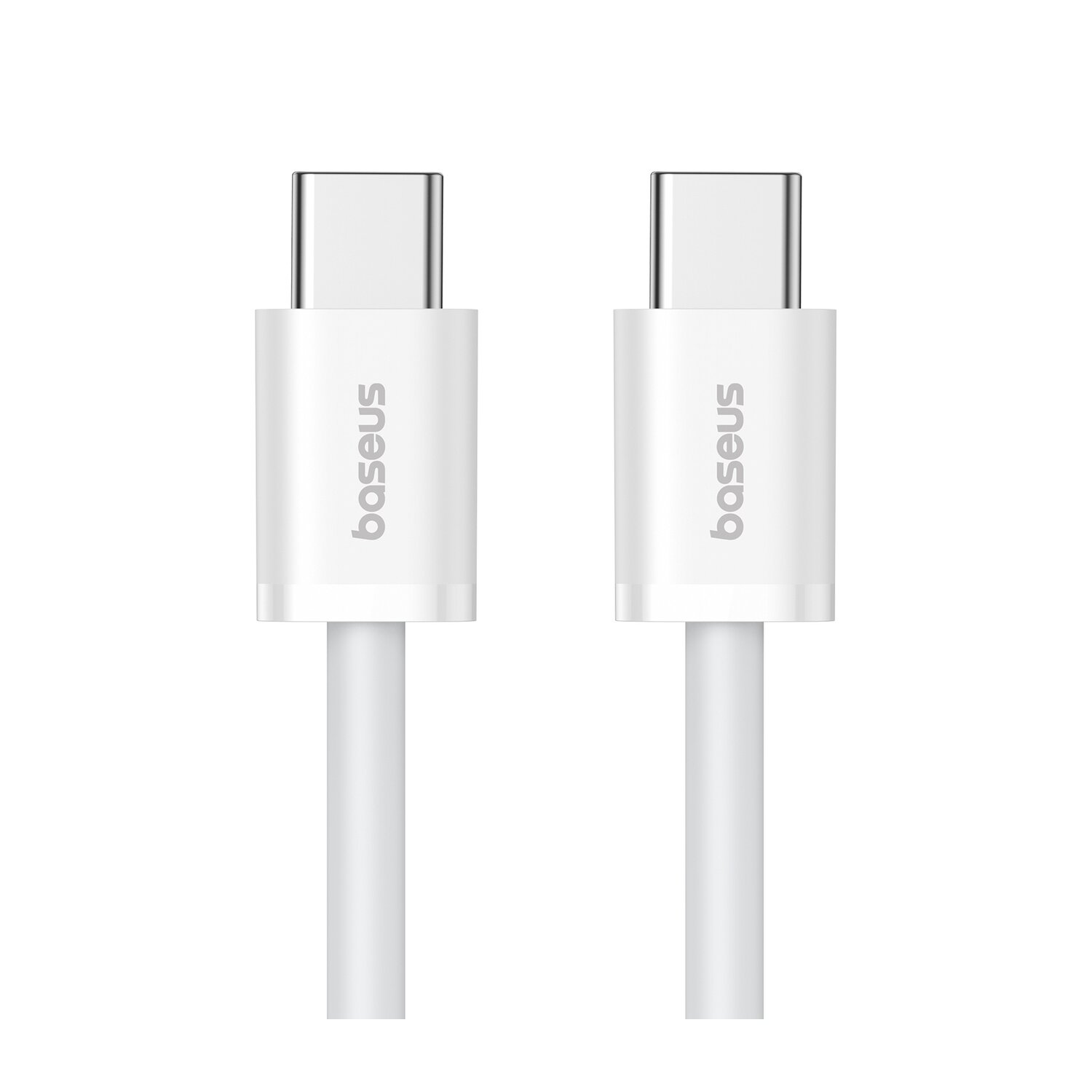 Two white USB-C cables by Baseus, side-by-side. White background, simple product shot.