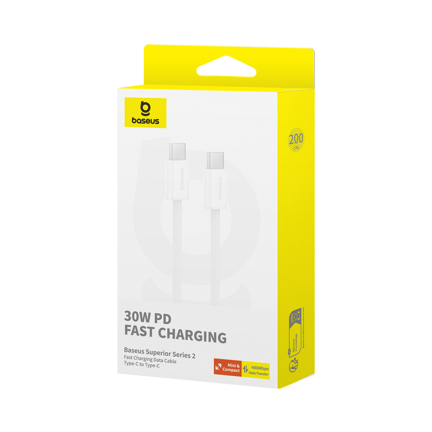 Baseus 30W PD Fast Charging cable box, white cable inside, yellow box.