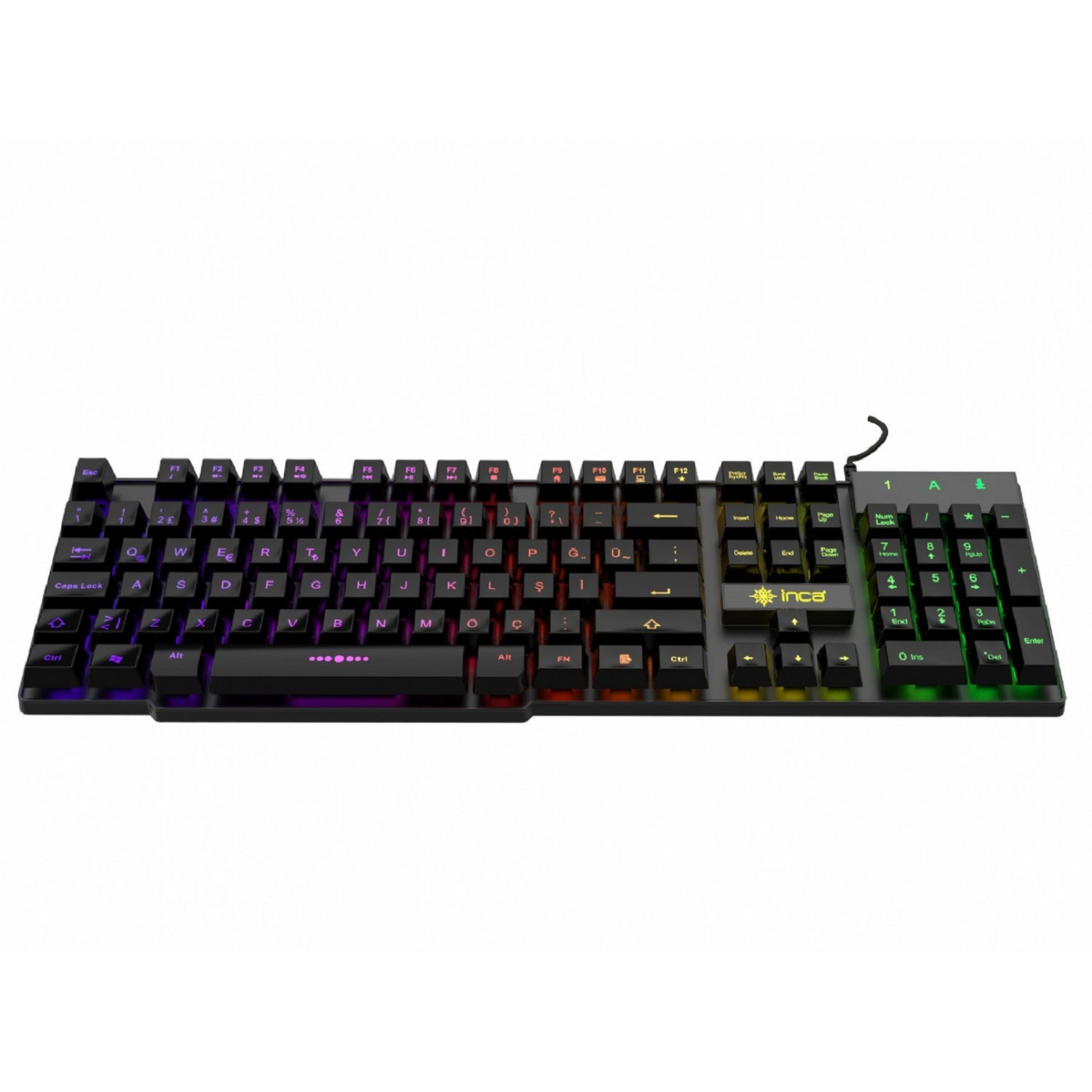 Schwarze Tastatur mit regenbogenfarbenen Tasten. Die Tastatur hat mehrere Funktionstasten und einen Ziffernblock.