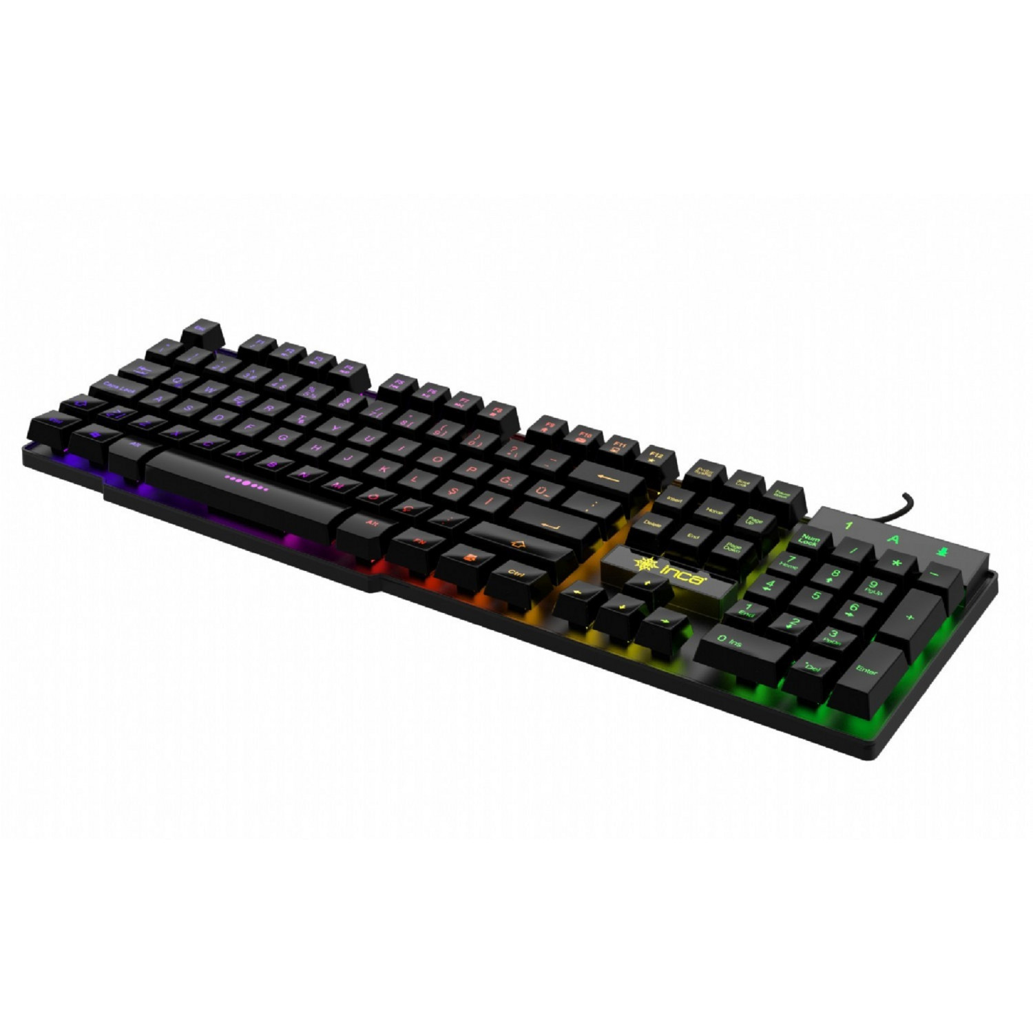 Schwarze Tastatur mit mehrfarbigen Lichtern. Die Tasten sind schwarz und die Tastatur ist abgewinkelt.