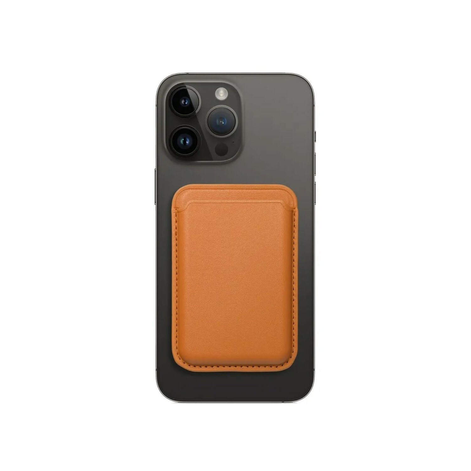 Un iPhone nero con un porta carte in pelle marrone attaccato al retro.