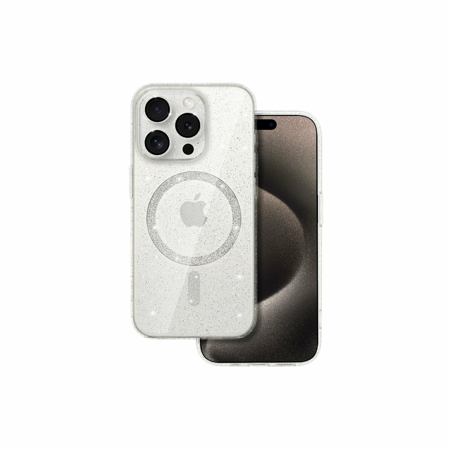 Custodia trasparente per telefono con iPhone. La custodia ha un design con glitter argentati.