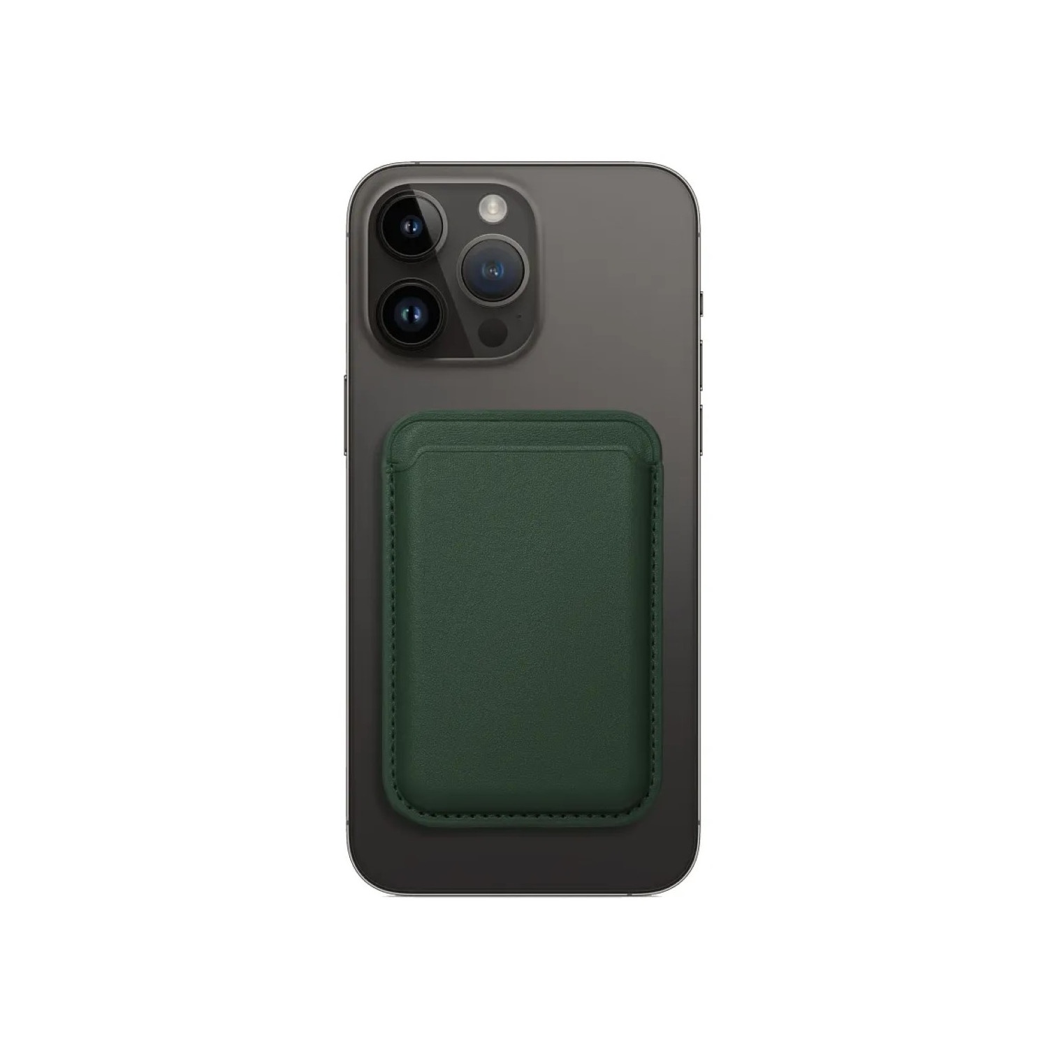 Telefono grigio scuro con porta carte verde attaccato. Tre obiettivi della fotocamera visibili. Sfondo bianco.