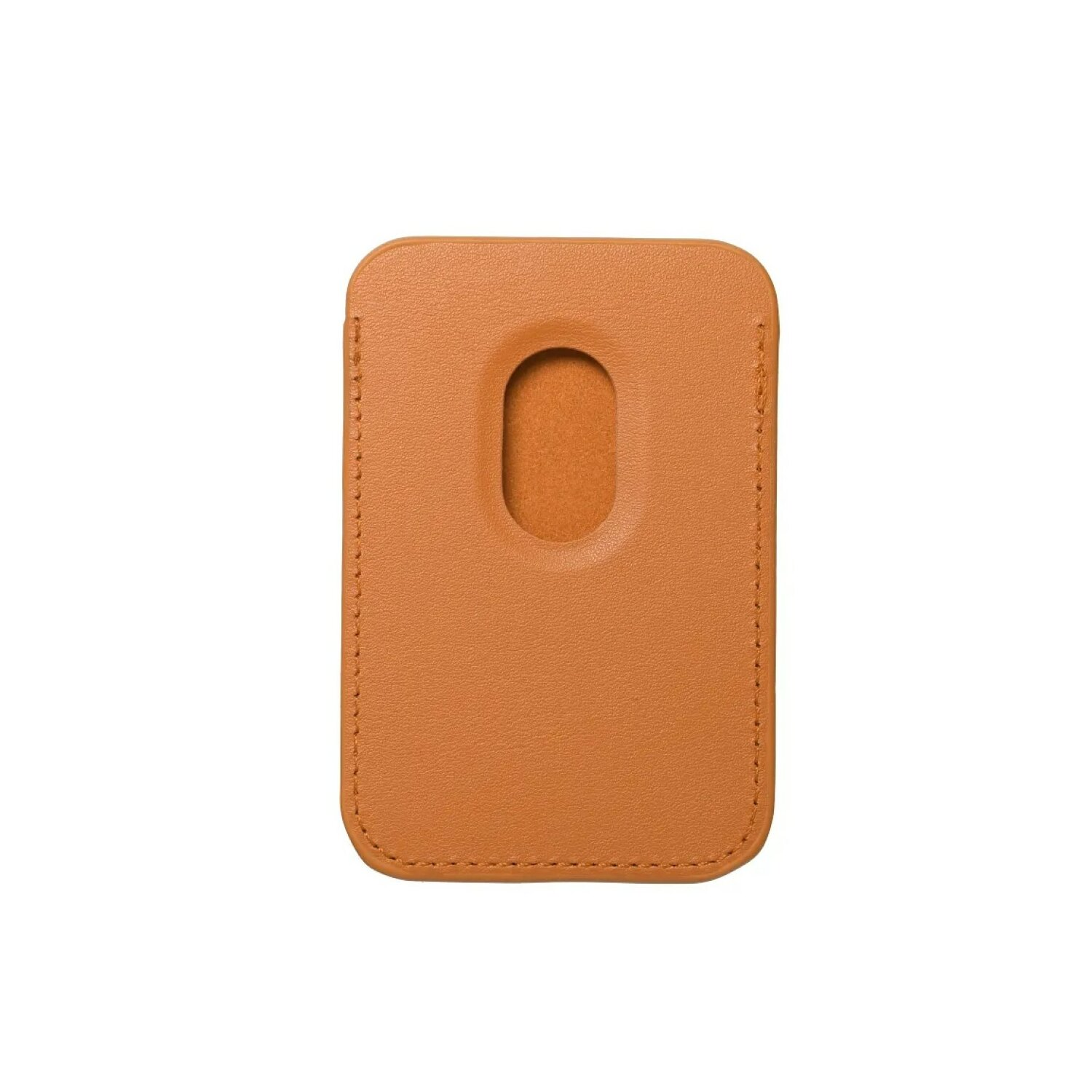 Custodia per telefono in pelle color cuoio. Ha un foro al centro.