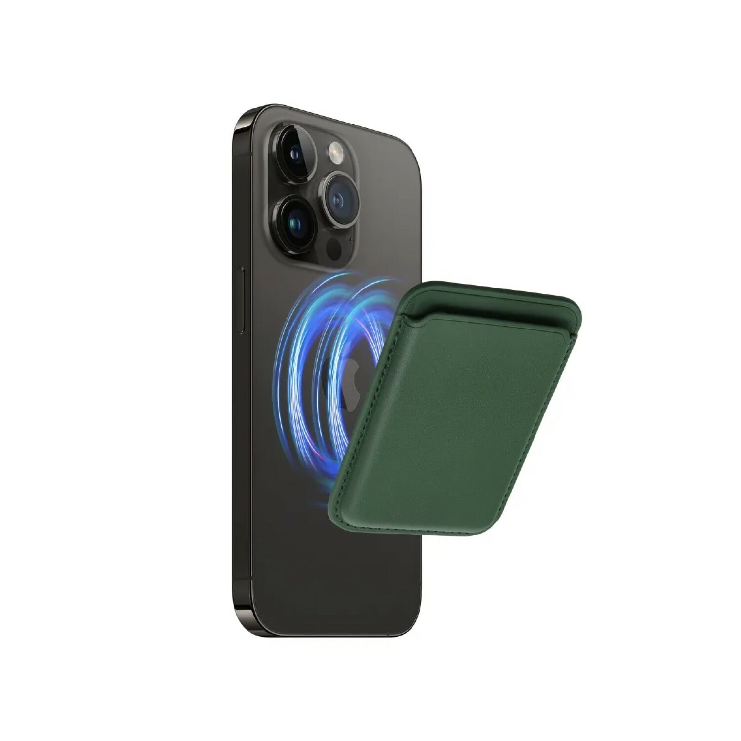 Telefono nero con portafoglio verde attaccato. Il portafoglio è rettangolare.