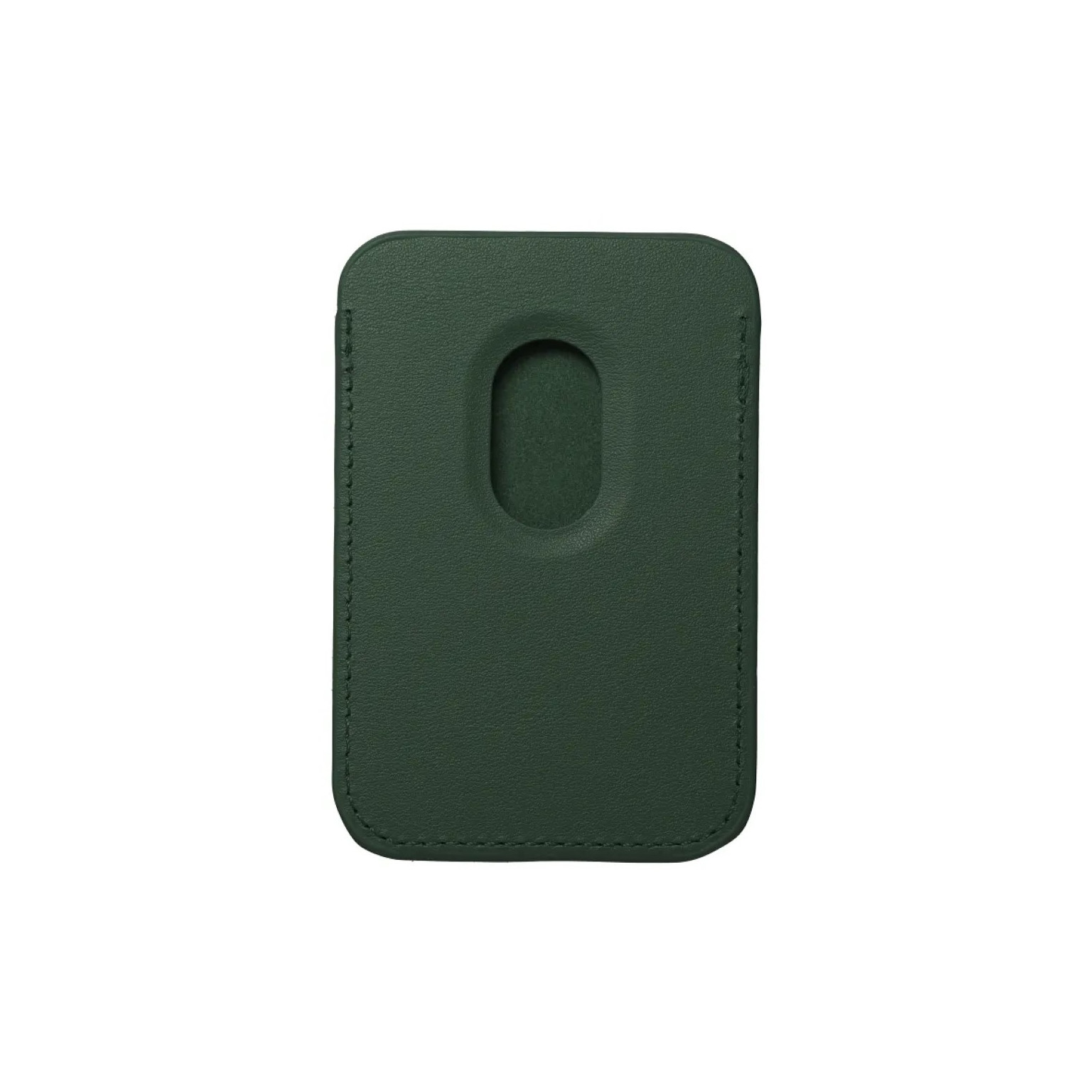 Portacarte in pelle verde scuro con un ritaglio ovale.