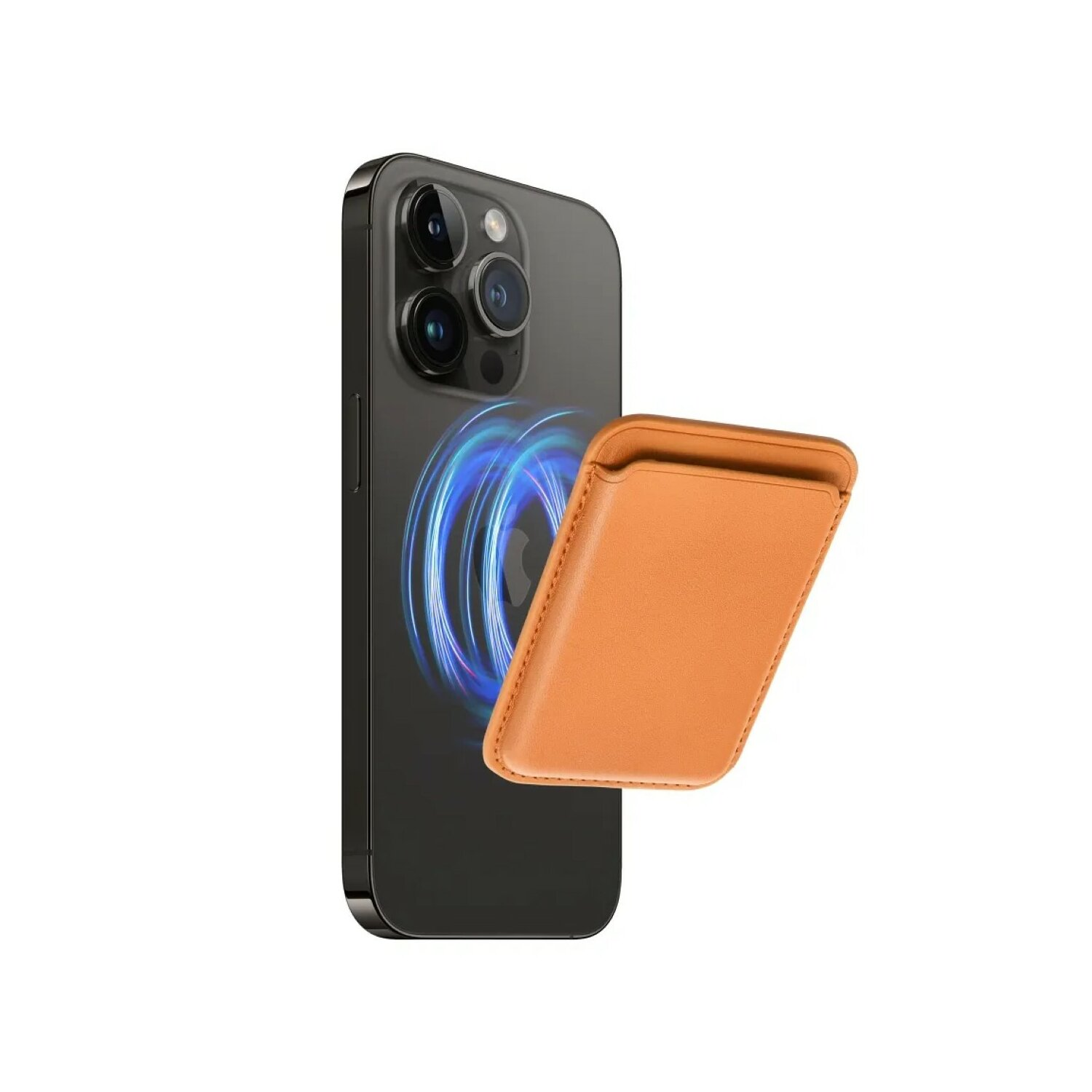 Telefono con porta carte attaccato, pelle marrone chiaro, vortice blu.