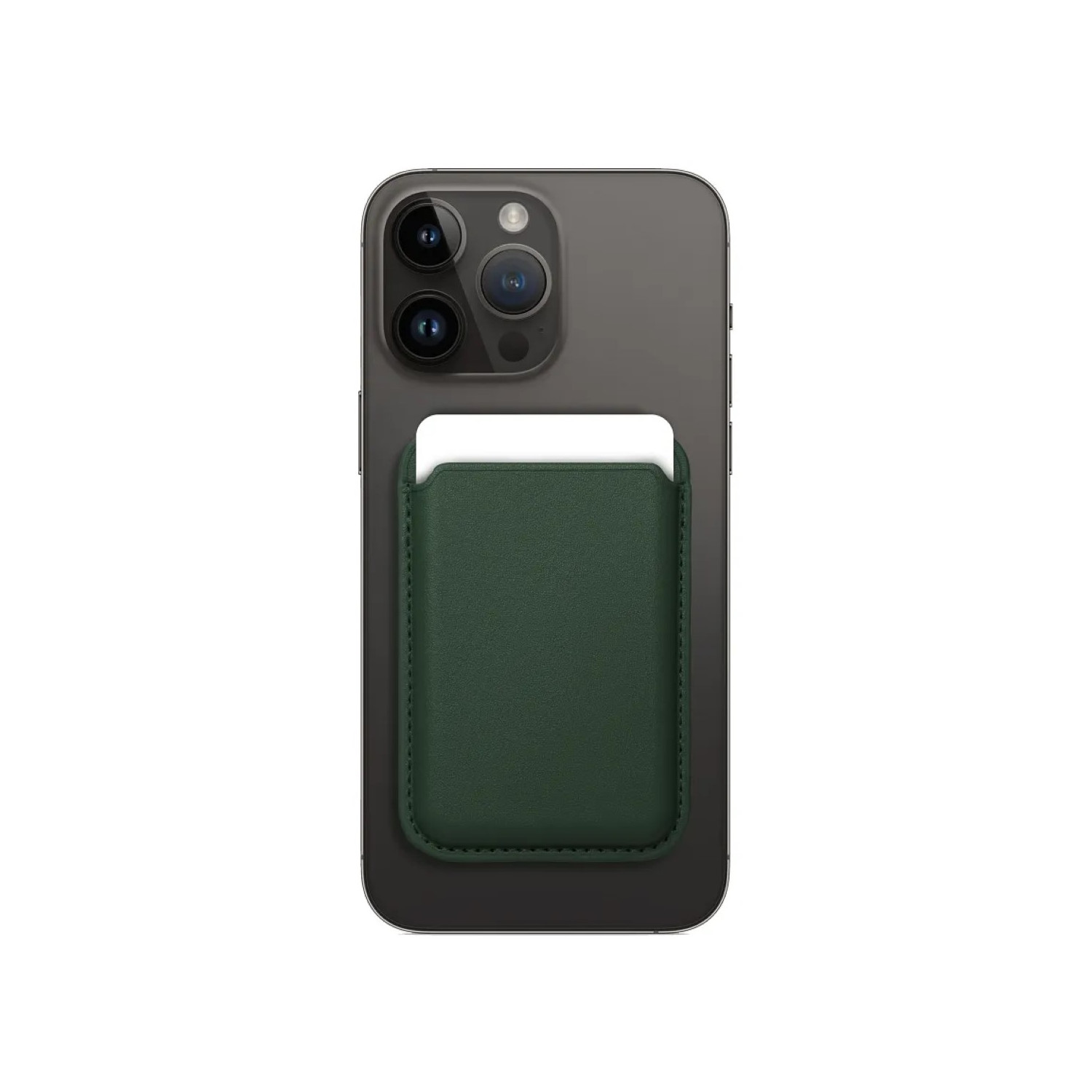 Un telefono cellulare con un porta carte verde scuro attaccato sul retro.