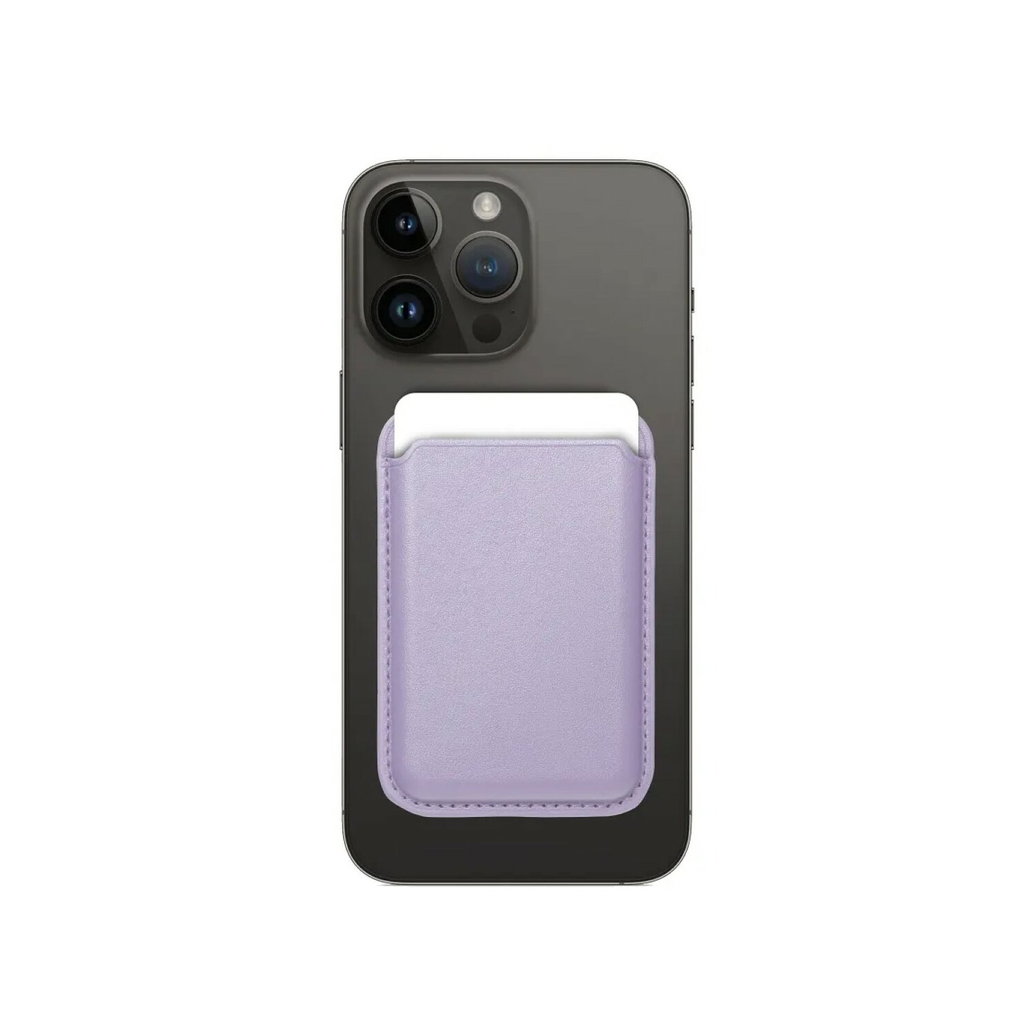 Un telefono con un porta carte viola attaccato sul retro. Sfondo bianco.