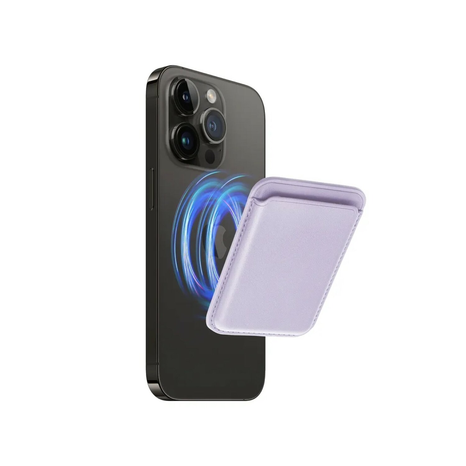 Telefono nero con portafoglio viola attaccato. Il portafoglio è angolato lontano dal telefono.
