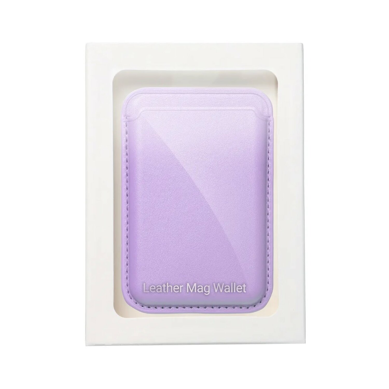 Un Leather Mag Wallet lilla chiaro in una scatola bianca con il nome del prodotto.