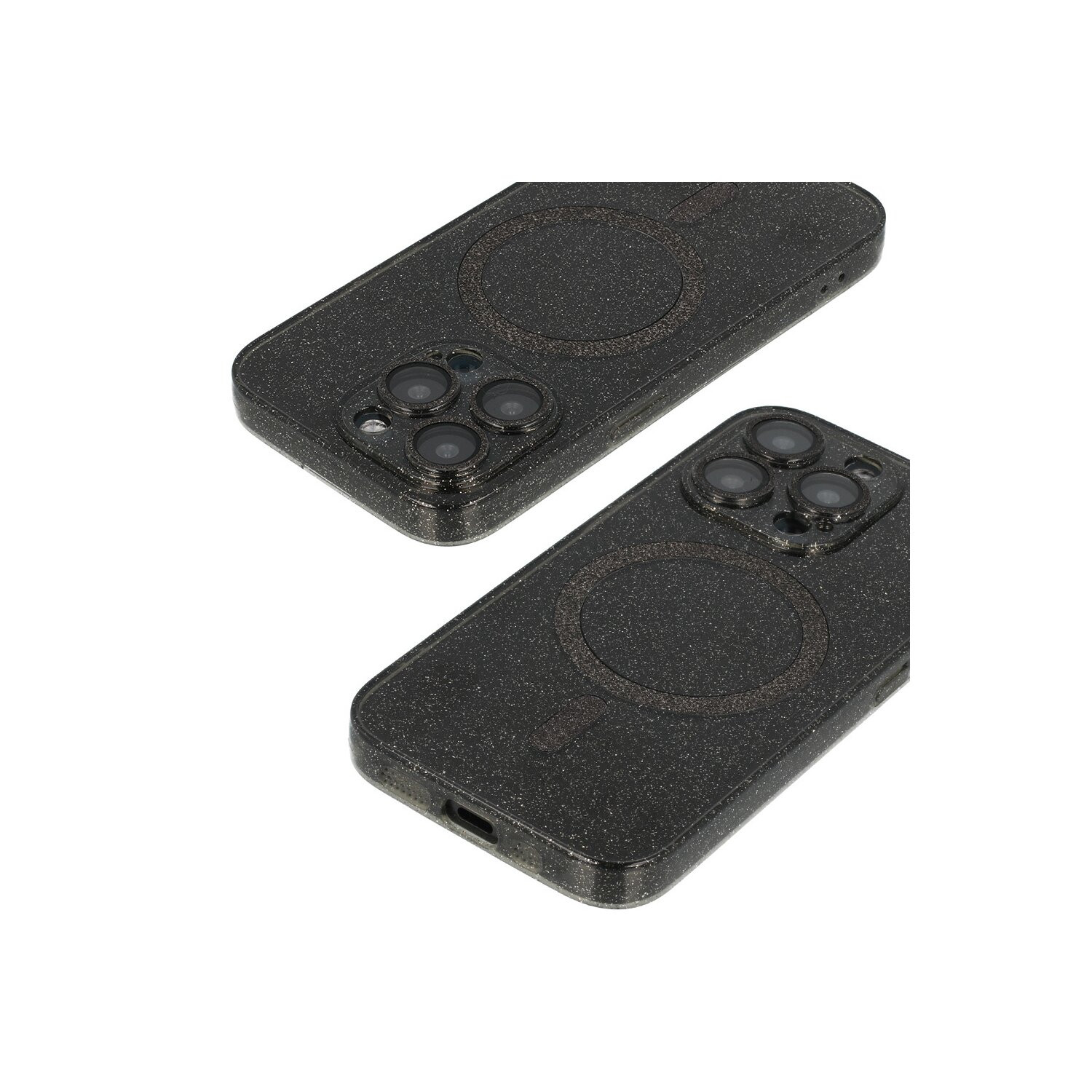 Due custodie nere per iPhone. Ogni custodia ha un'area di ricarica magnetica circolare e tre ritagli per fotocamera.