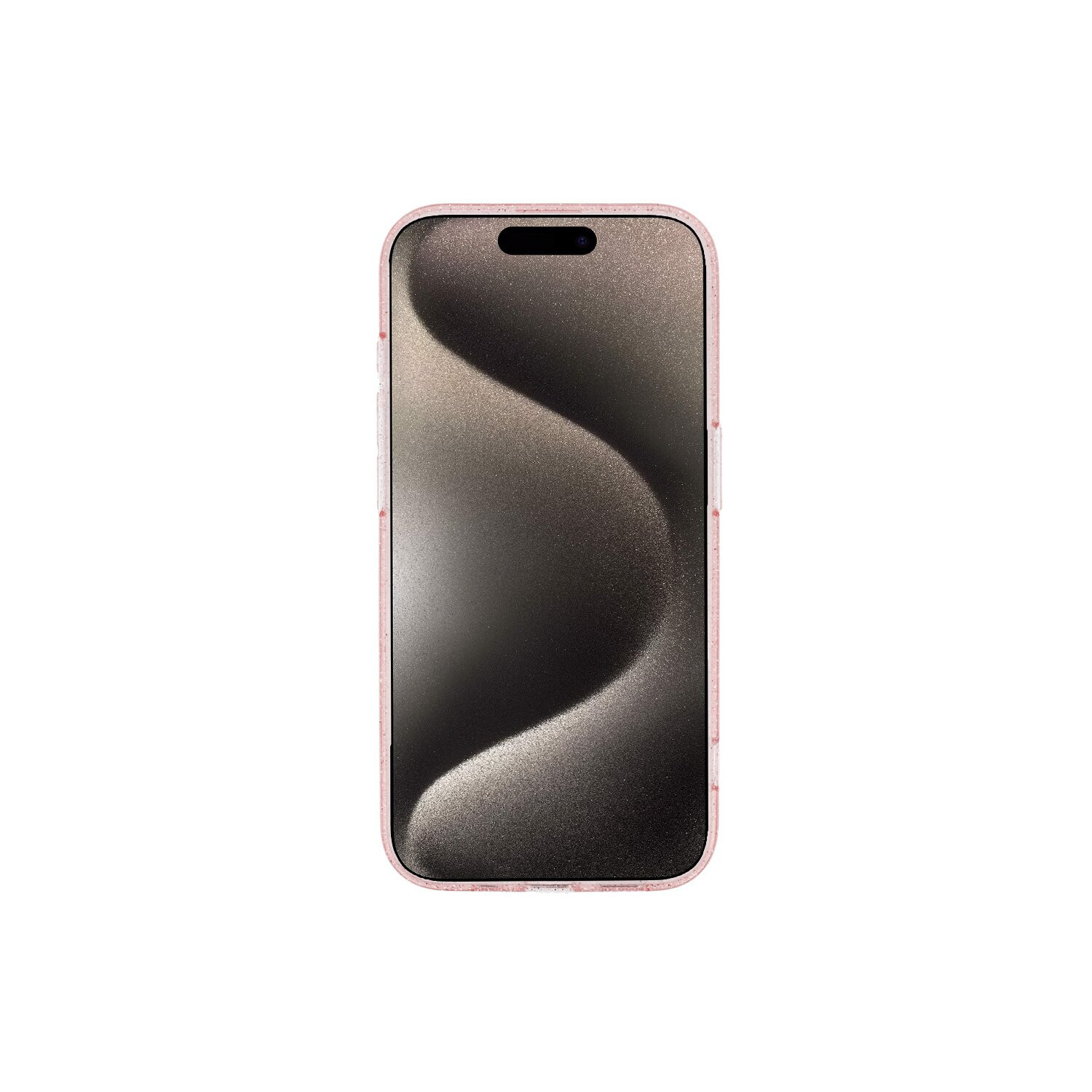 Telefono rosa con schermo scuro. Il telefono è su una superficie bianca.