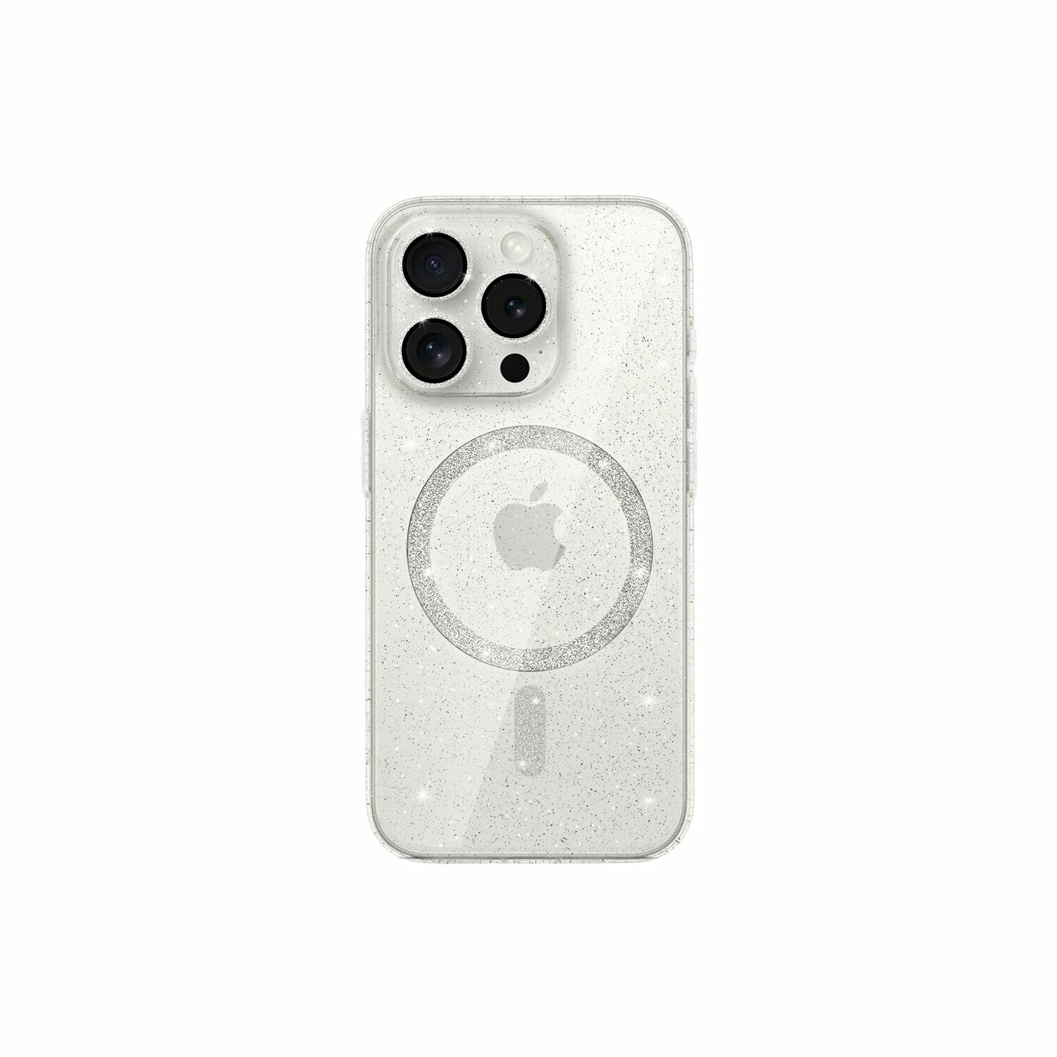 Transparente Handyhülle mit Glitzer, mit sichtbarem Apple-Logo. Auf weißem Untergrund.
