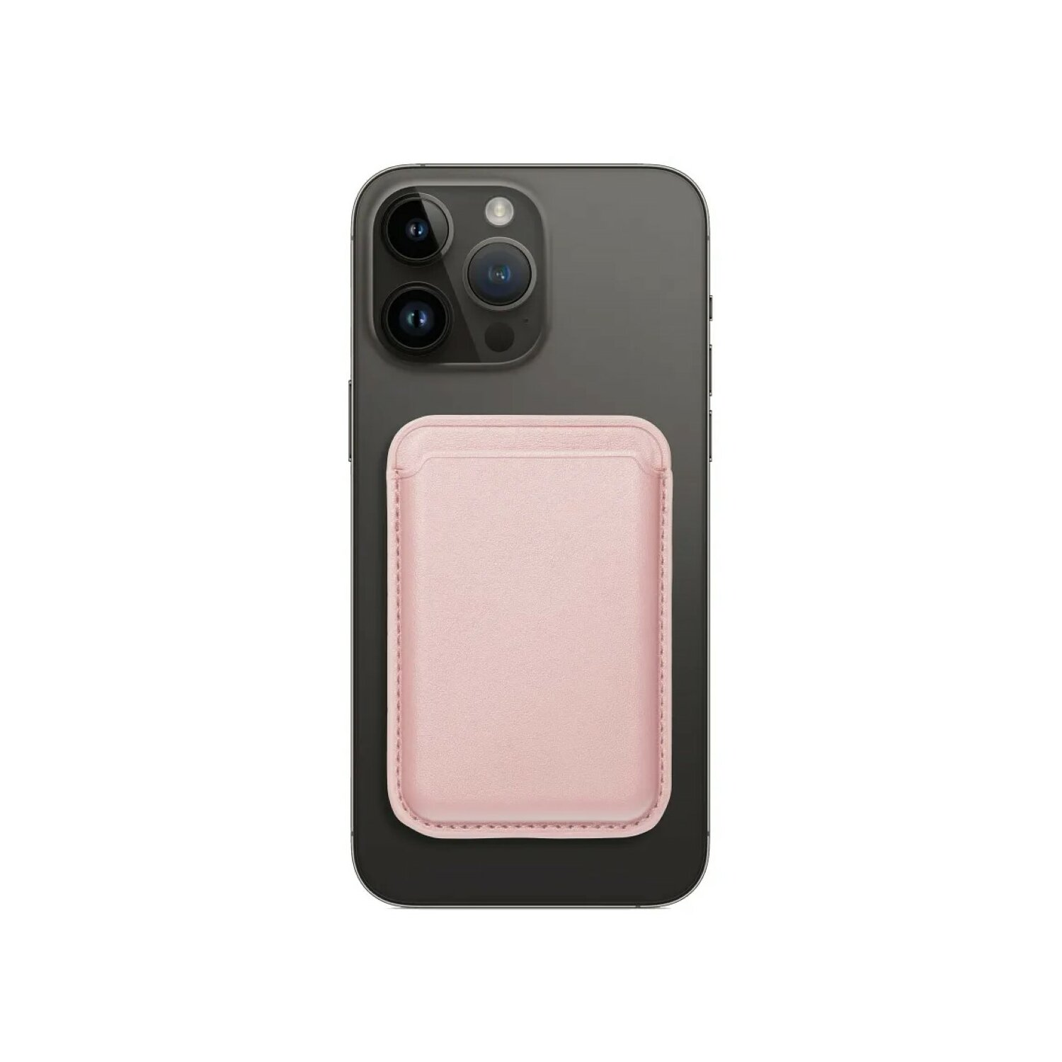 Un porta carte rosa attaccato a un telefono nero. Il telefono ha tre fotocamere.