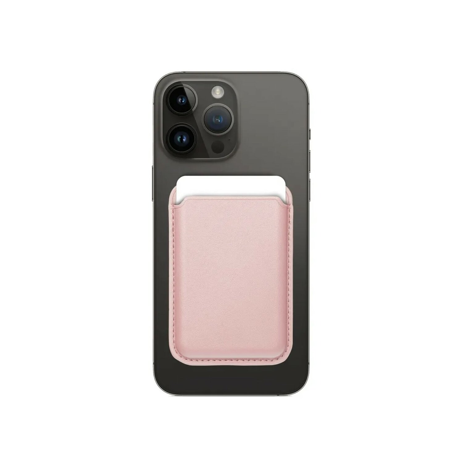 Un telefono nero con un portafoglio in pelle rosa attaccato al retro.