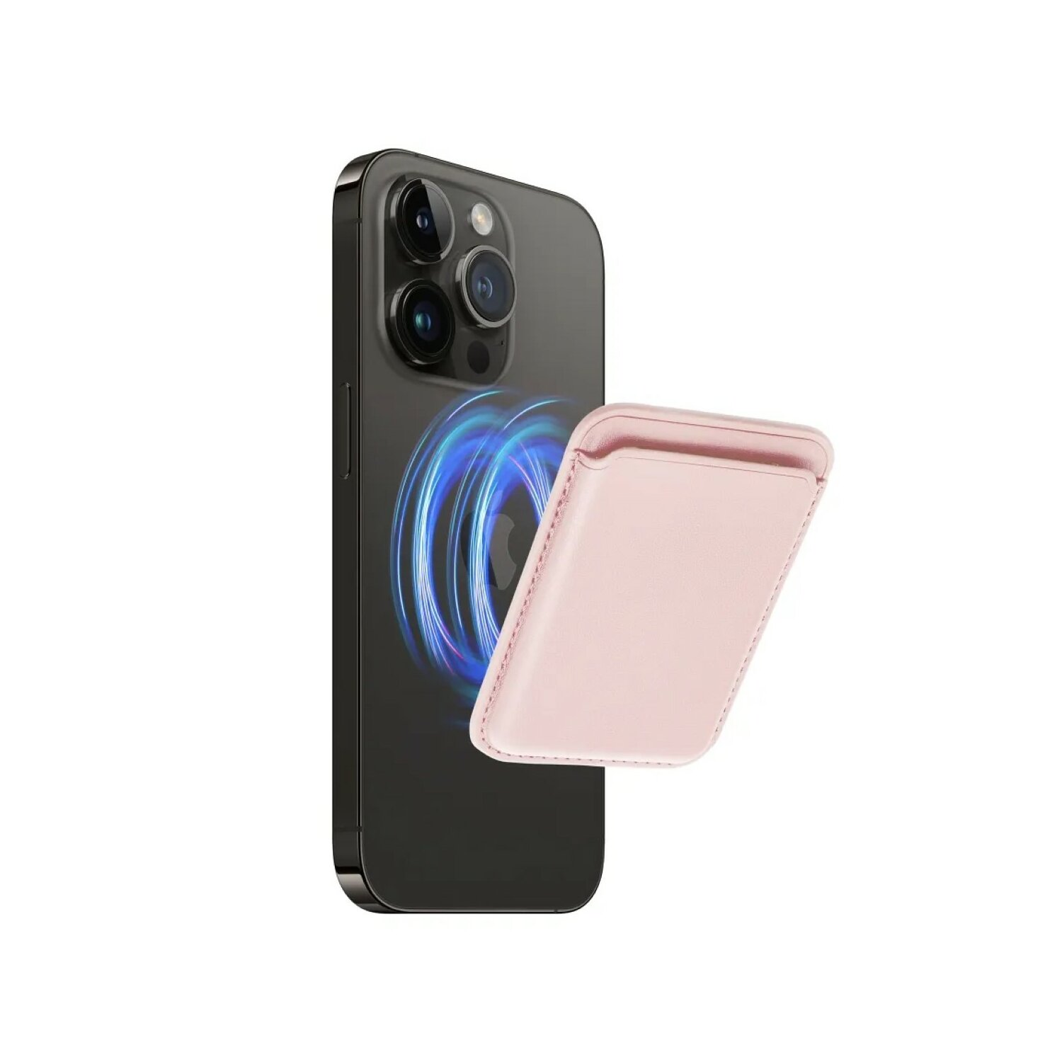 Un portafoglio rosa per telefono attaccato a un telefono nero. Il portafoglio è inclinato verso l'esterno.