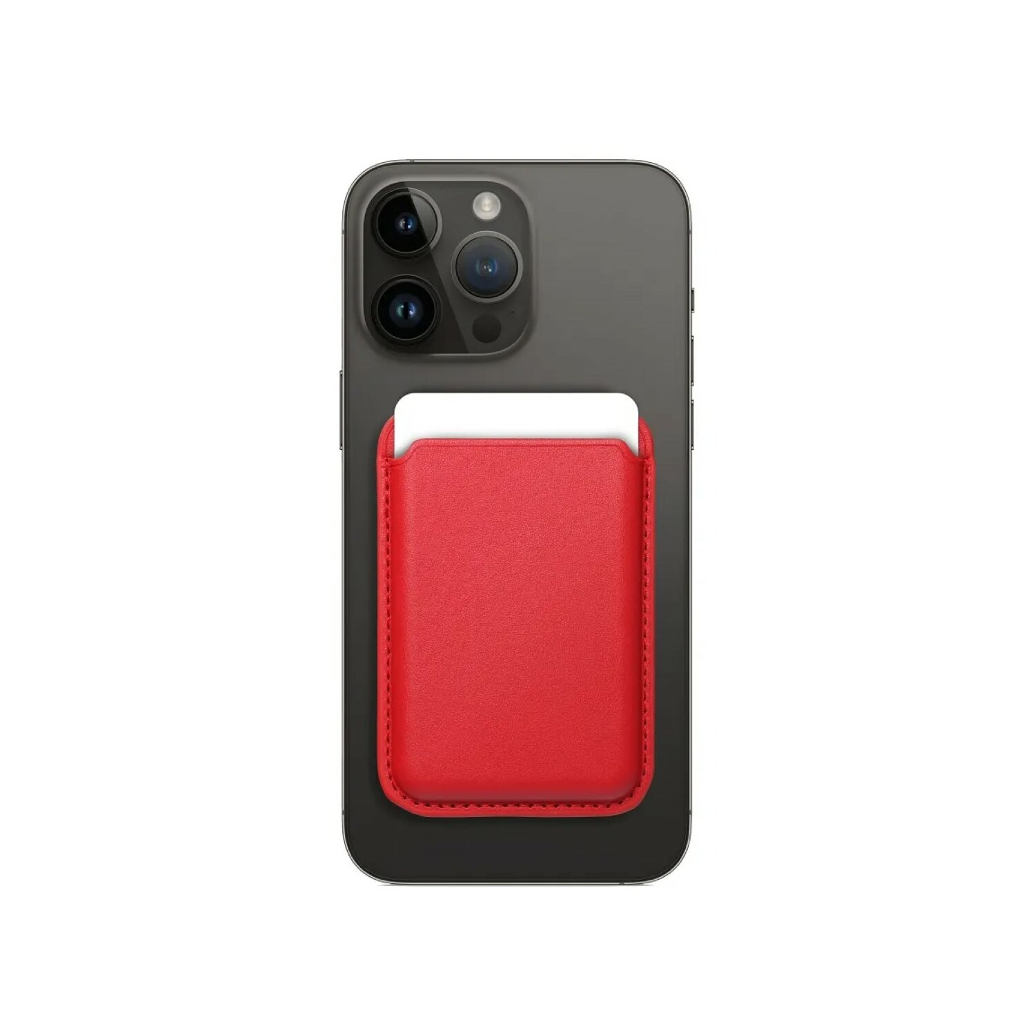 Un portafoglio in pelle rosso attaccato al retro di uno smartphone nero con obiettivi della fotocamera.