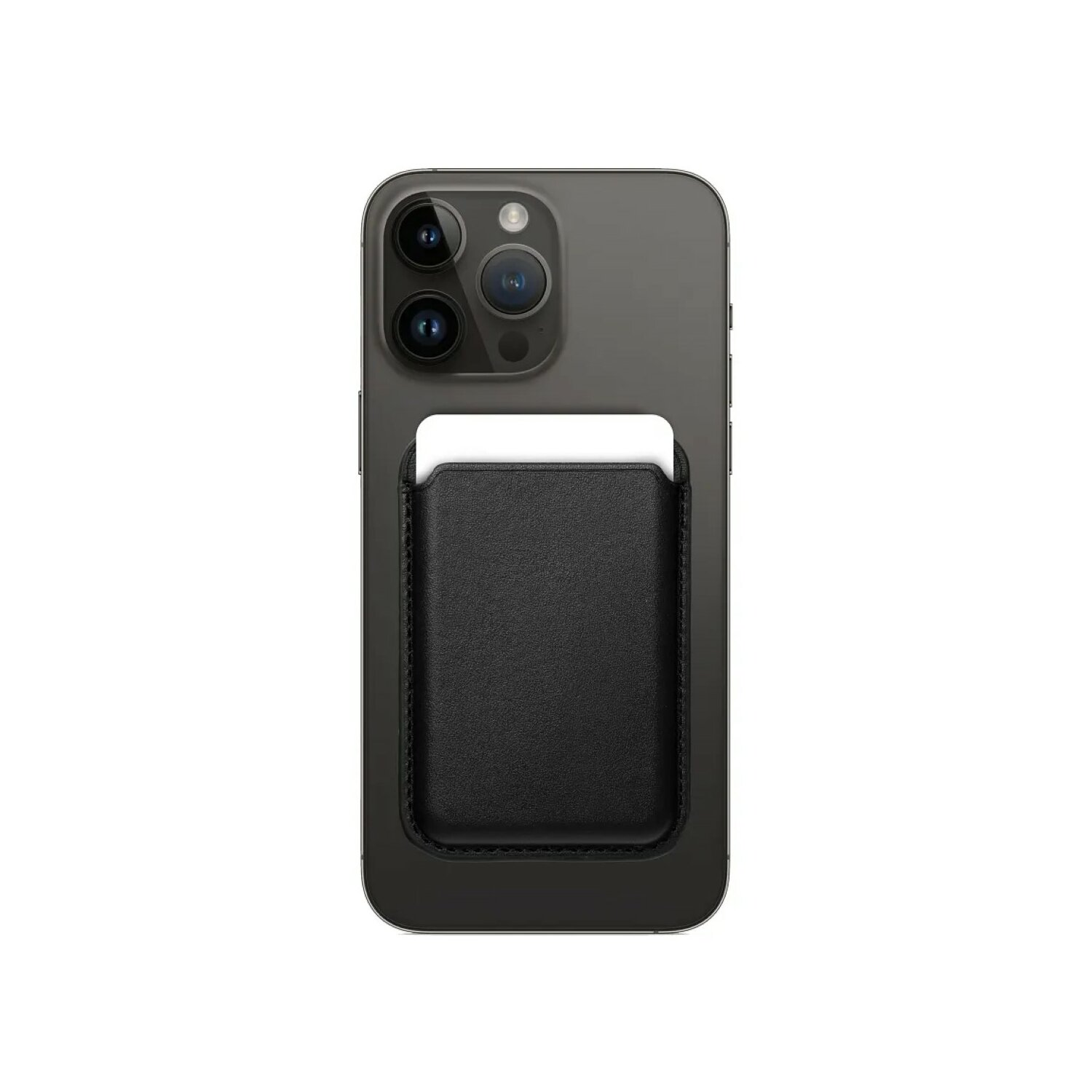 Un telefono nero con un porta carte nero attaccato al retro.