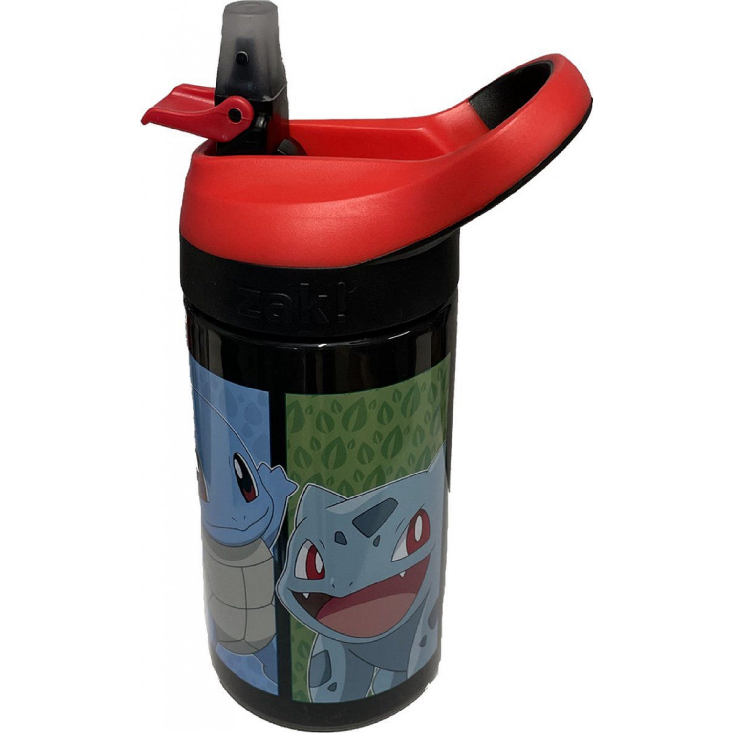 Botella de agua negra y roja con los personajes de Pokémon Squirtle y Bulbasaur.