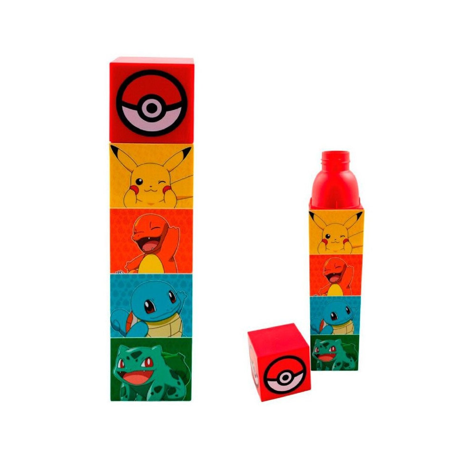 Pila de cubos Pokémon con personajes, una botella roja y un solo cubo.